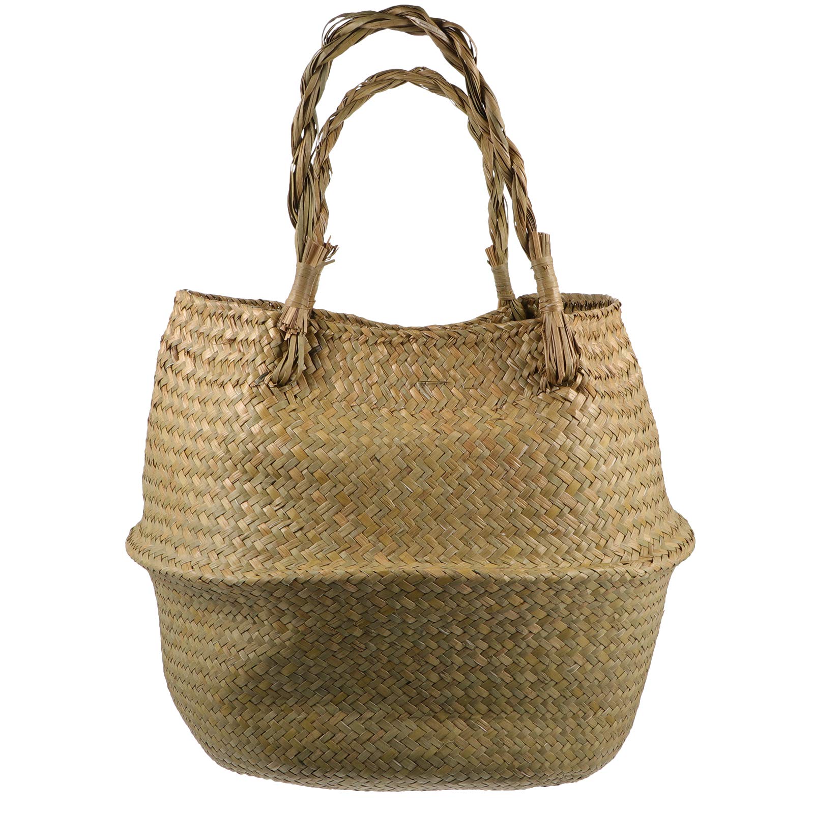 SEWACC 1-Piece Natural Seagrass Belly Flower Basket with Handles - Decorative Storage Bin for Home Organization, Bathroom, Nursery & Living Room Decor - Perfect for Flowers, Toys, Blankets & More