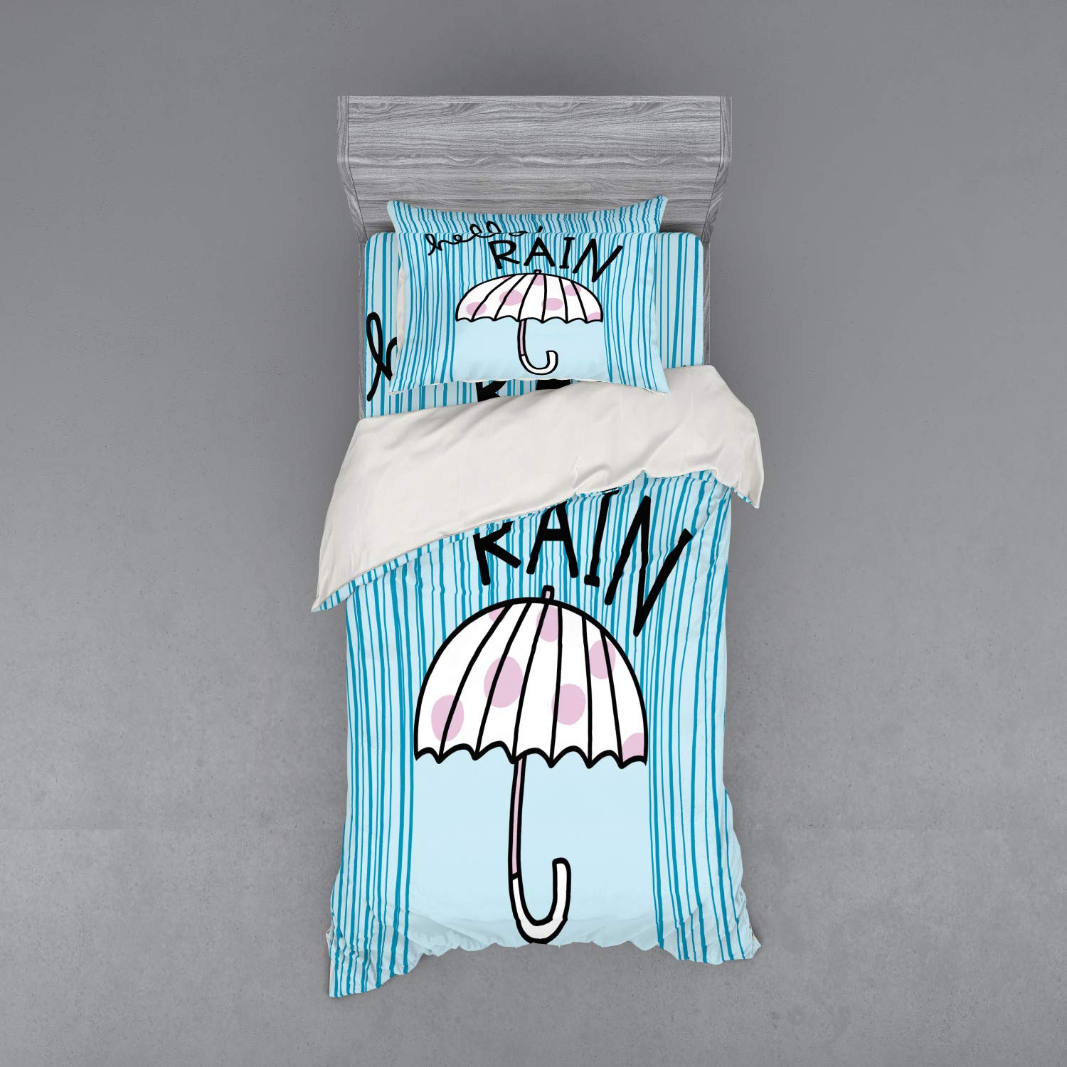 Ambesonne Autumn Duvet Cover Set - Hello Rain Handwritten Message with Umbrella Design - 3 Piece Bedding Set with Pillow Sham & Fitted Sheet - Twin XL Size - Pale Blue Mauve - Cozy Fall Bedroom Decor for Teens & Adults - Perfect for Rainy Day Comfort & Seasonal Home Styling