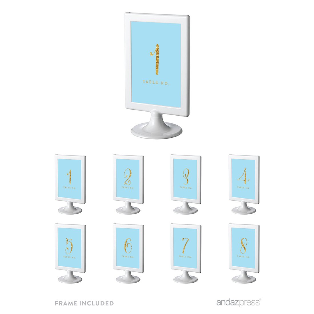 Andaz Press Gold Glitter Framed Table Numbers 1-8, 4x6 Inch Double Sided Wedding Reception Sign, Light Baby Blue Cardstock with Frame - Perfect for Weddings, Baby Showers & Special Events