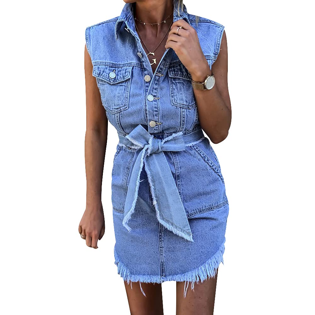Women's Sleeveless Button Down Denim Mini Dress with Frayed Hem & Belt - Casual Summer Outfit for Beach, Party & Street Style Fashion