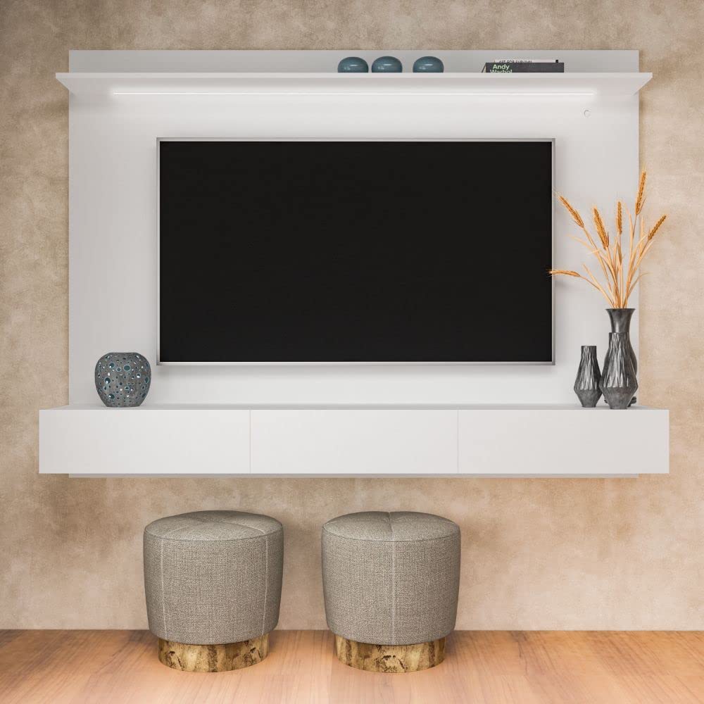 Naomi Home Bliss Modern Floating TV Stand for 75 Inch TVs - Wall Mounted Entertainment Center with LED Lights, Pull-Out Drawers & Overhead Shelf - Solid Pine Wood, White - Perfect for Living Room, Bedroom & Home Theater Setup