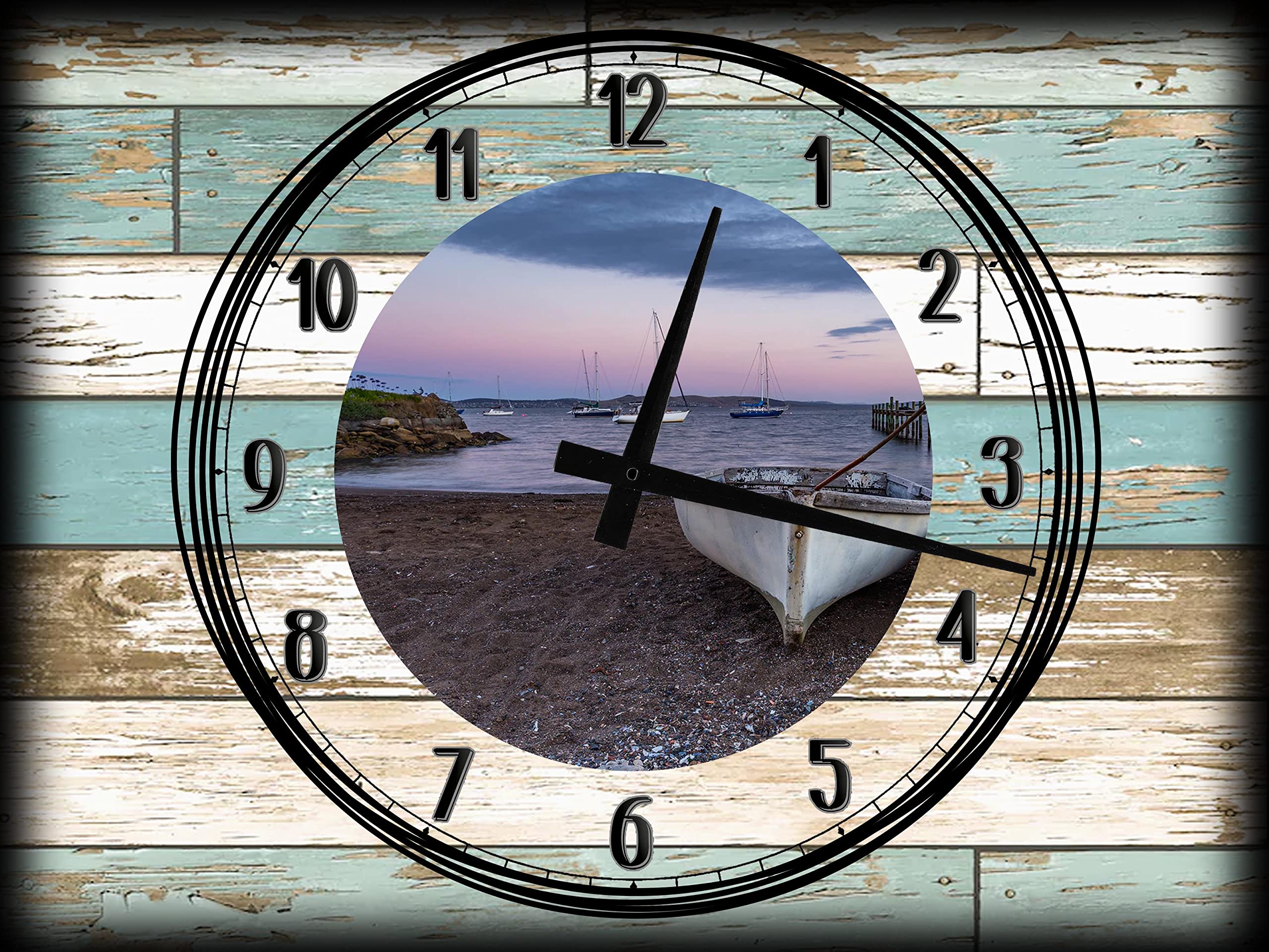 EVH Prints Teal & White Wood Grain Wall Clock - 12x16 Inch Canvas Sailboat Art, Nautical Wall Decor for Living Room, Bedroom, Office - Perfect Coastal & Fishing Boat Theme Home Decor