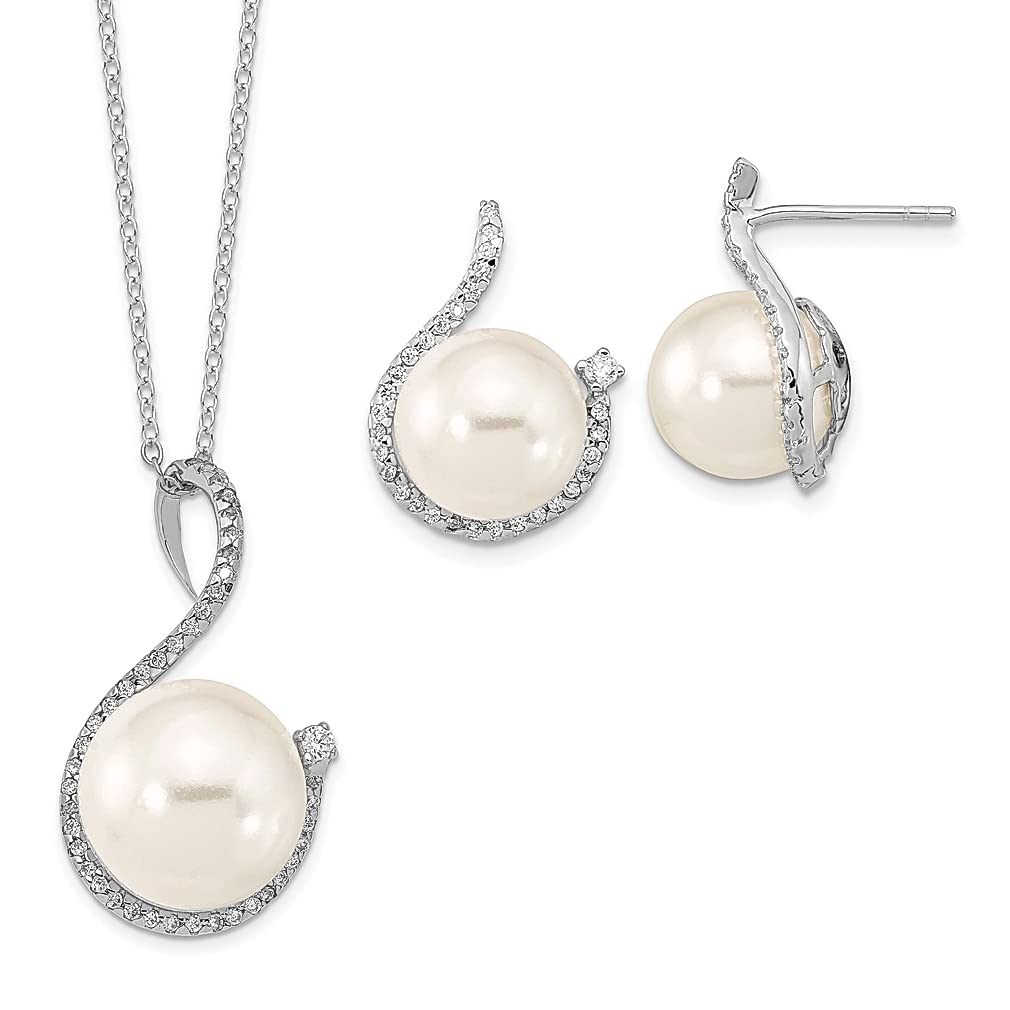 10-12mm White Imitation Sea Shell Mermaid Nautical Jewelry Set with Pearl & Cubic Zirconia - Sterling Silver Rhodium Plated Earrings and Necklace Pendant - Perfect for Beach Parties, Bridal Shower Gifts & Women's Fashion Accessories