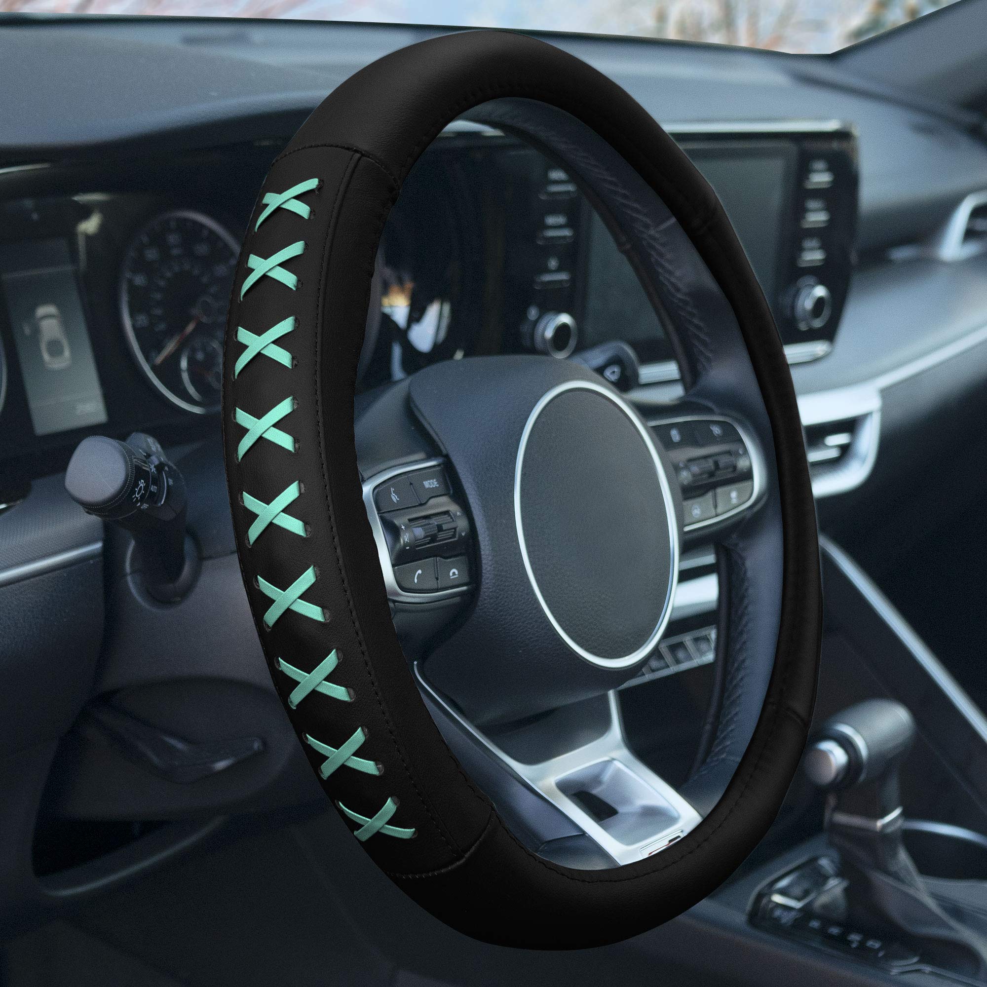 TLH Universal 15 Inch Genuine Leather Steering Wheel Cover with Lace-Up Design - Non-Slip Grip for Cars, Trucks & SUVs - Perfect for Daily Commute & Road Trips