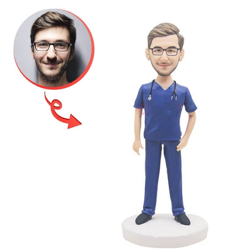 Custom Doctor in Blue Uniform Bobblehead - Personalized Medical Figure - Perfect for Office Decor, Gifts for Doctors, Nurses & Medical Professionals