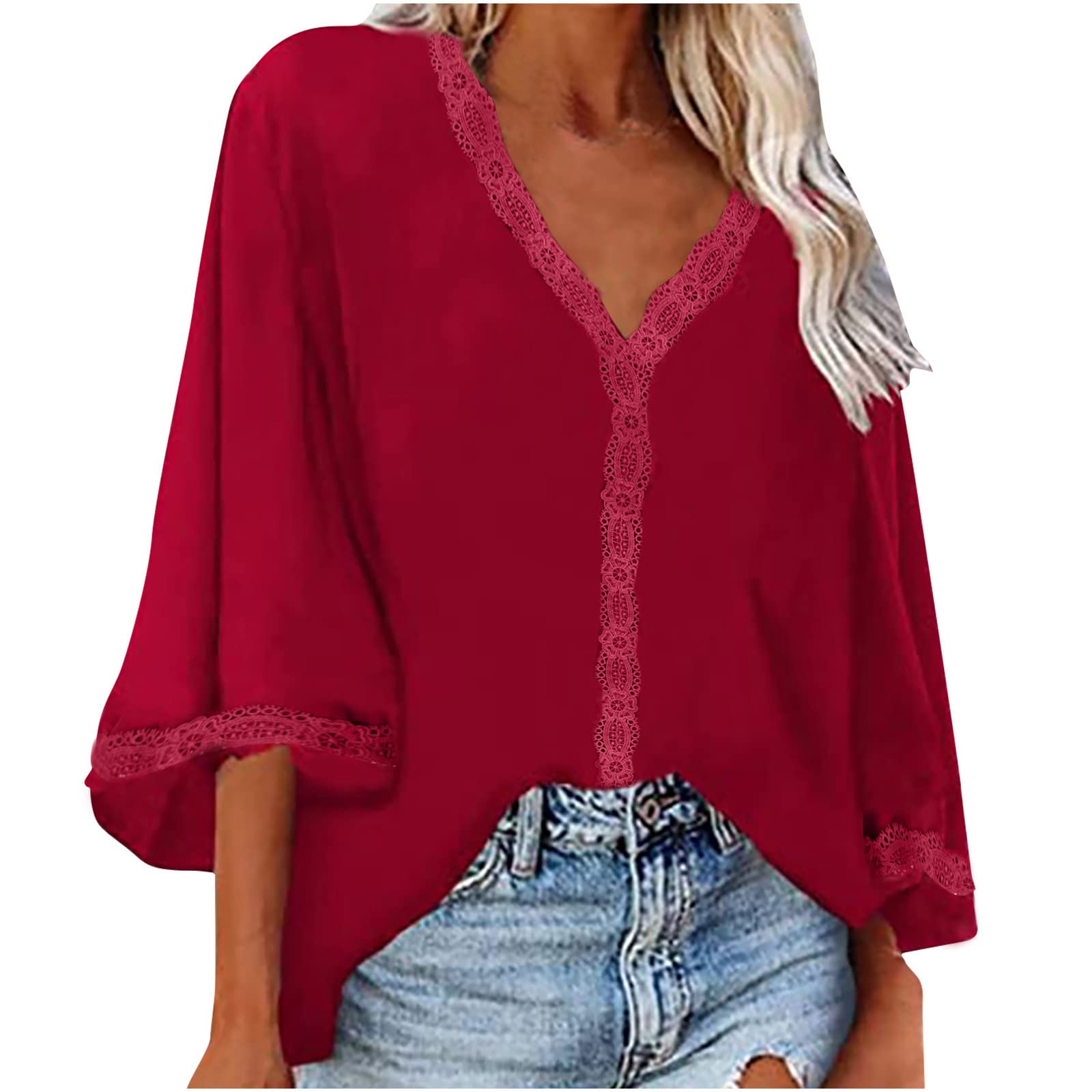 Women's Casual Summer T-Shirts - Lace Trim Flare Half Sleeve Blouses, Soft Comfy V-Neck Loose Tunic Tops for Daily Wear, Outings & Beach Vacations