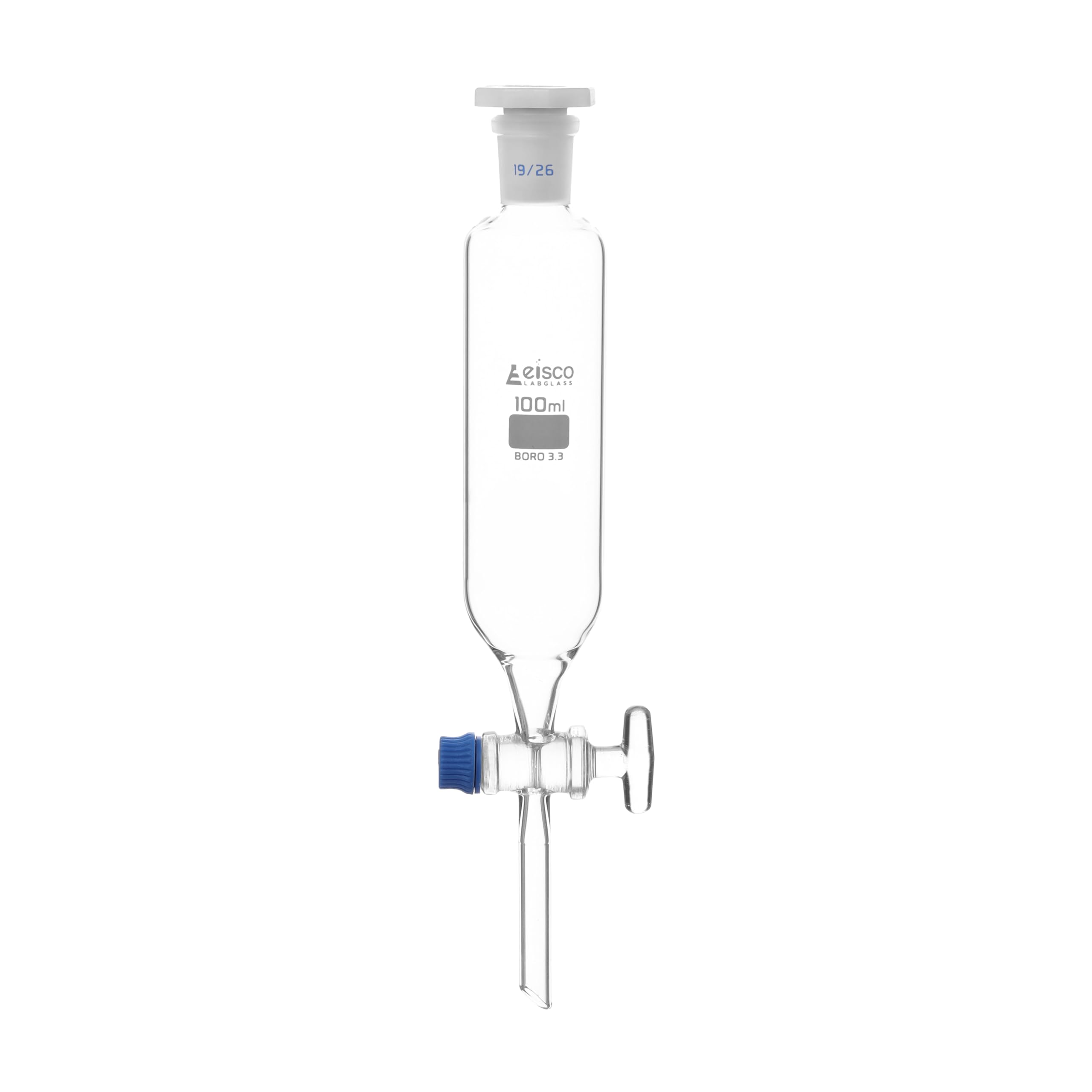 EISCO 100ml Glass Dropping Funnel with 19/26 Plastic Stopper & Key Stopcock - Borosilicate 3.3 Glass for Chemistry Lab, Science Experiments & DIY Projects - Perfect for Precise Liquid Transfer in Laboratories & Classrooms