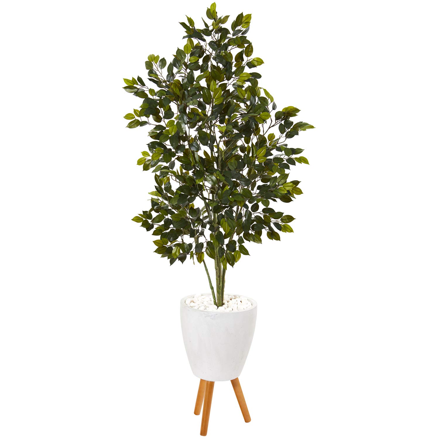 Nearly Natural 5ft Artificial Ficus Tree in White Planter with Stand - Realistic Indoor Fake Plant for Home Office Decor, Living Room, Bedroom & Dining Room (T1112)