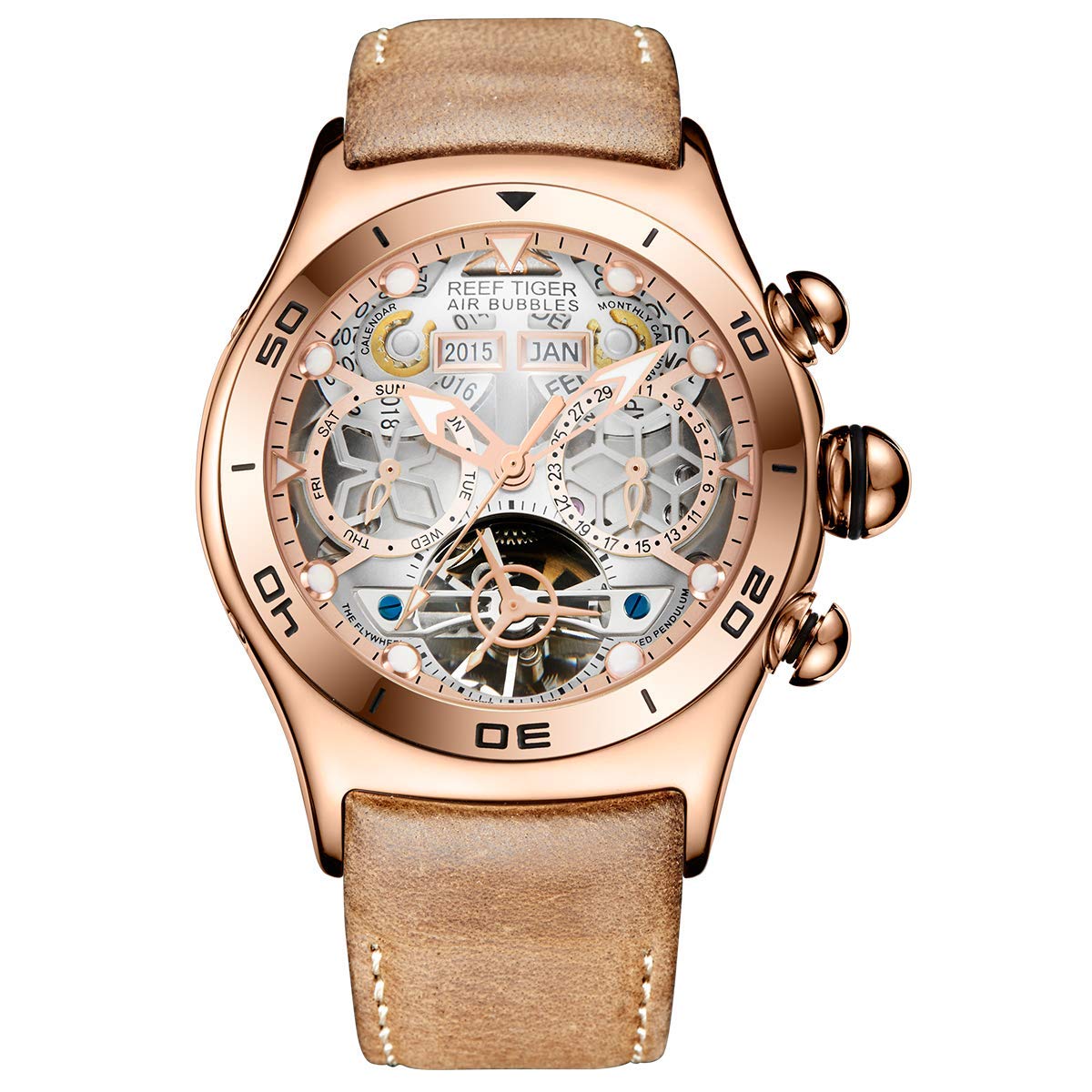REEF TIGER Men's Luxury Sport Watch - Rose Gold Skeleton Automatic Tourbillon Chronograph Waterproof Watch for Business, Diving & Formal Occasions (Model RGA703-PWB)