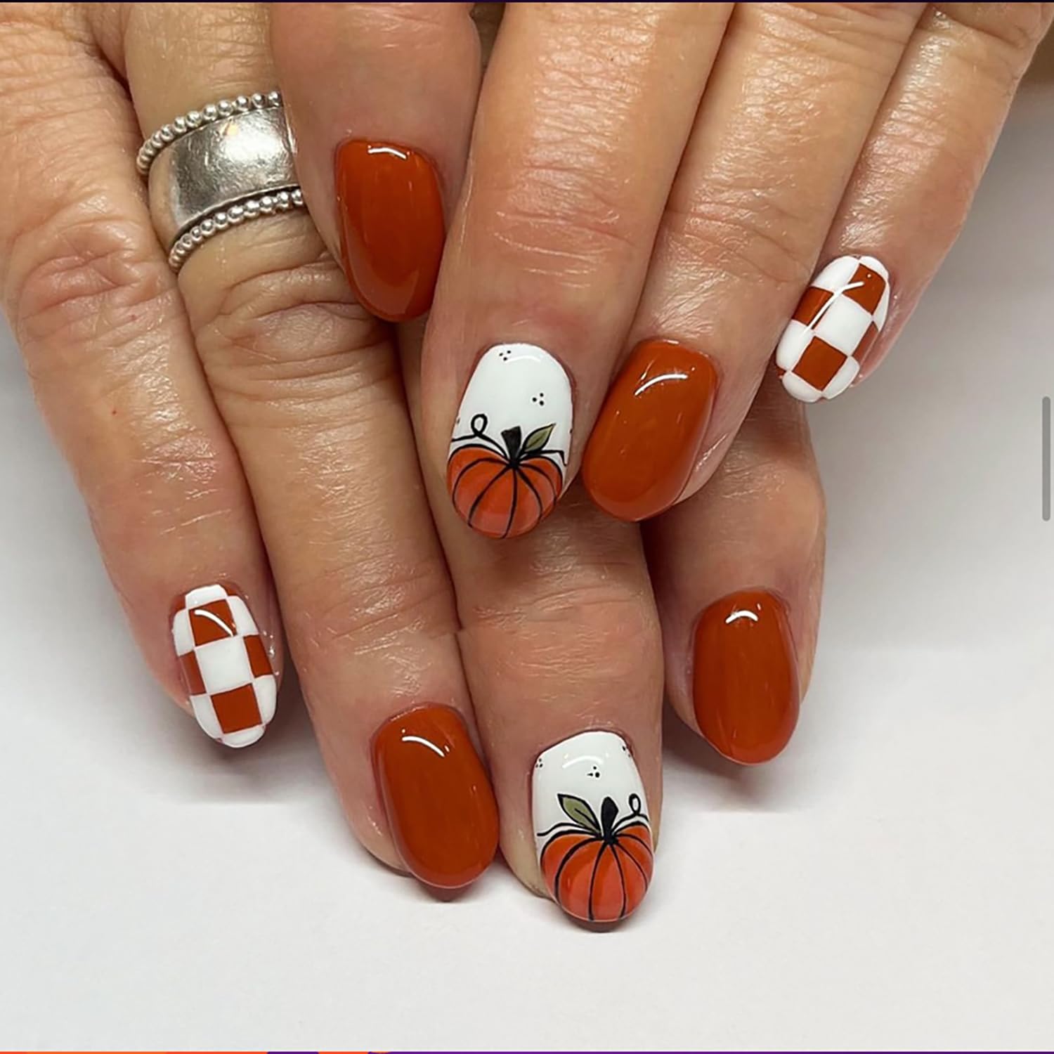 24Pcs Halloween Press on Nails Short Square - Red & White Pumpkin Design Acrylic Fake Nails for Women | Glossy Full Cover Artificial Nails | Perfect for Halloween Parties, Cosplay & Daily Wear