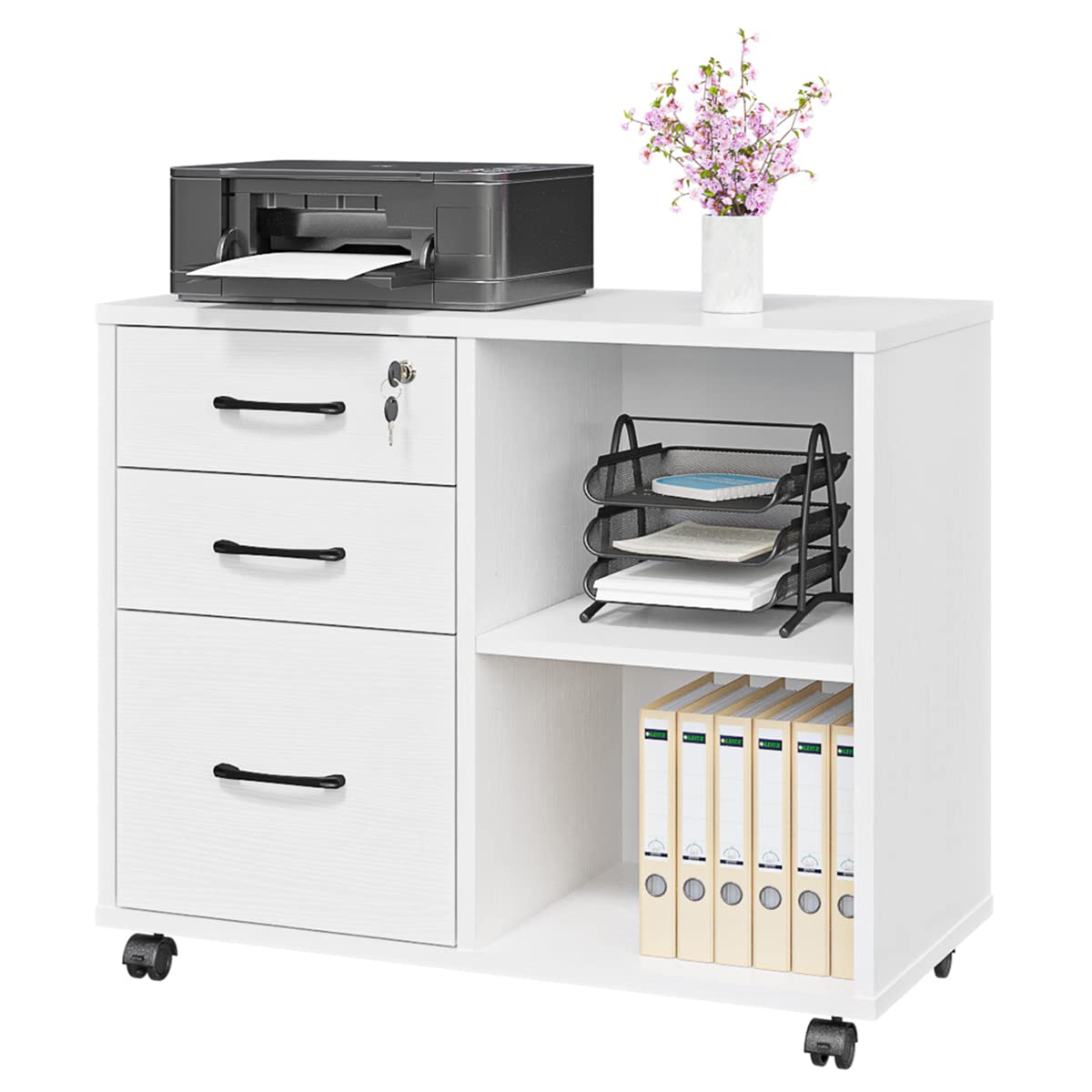 3 Drawer Mobile File Cabinet with Wheels - Rolling Lateral Printer Stand with Open Shelf - White Office Storage Organizer for Home & Workspace - Perfect for Documents, Supplies & Printer Organization