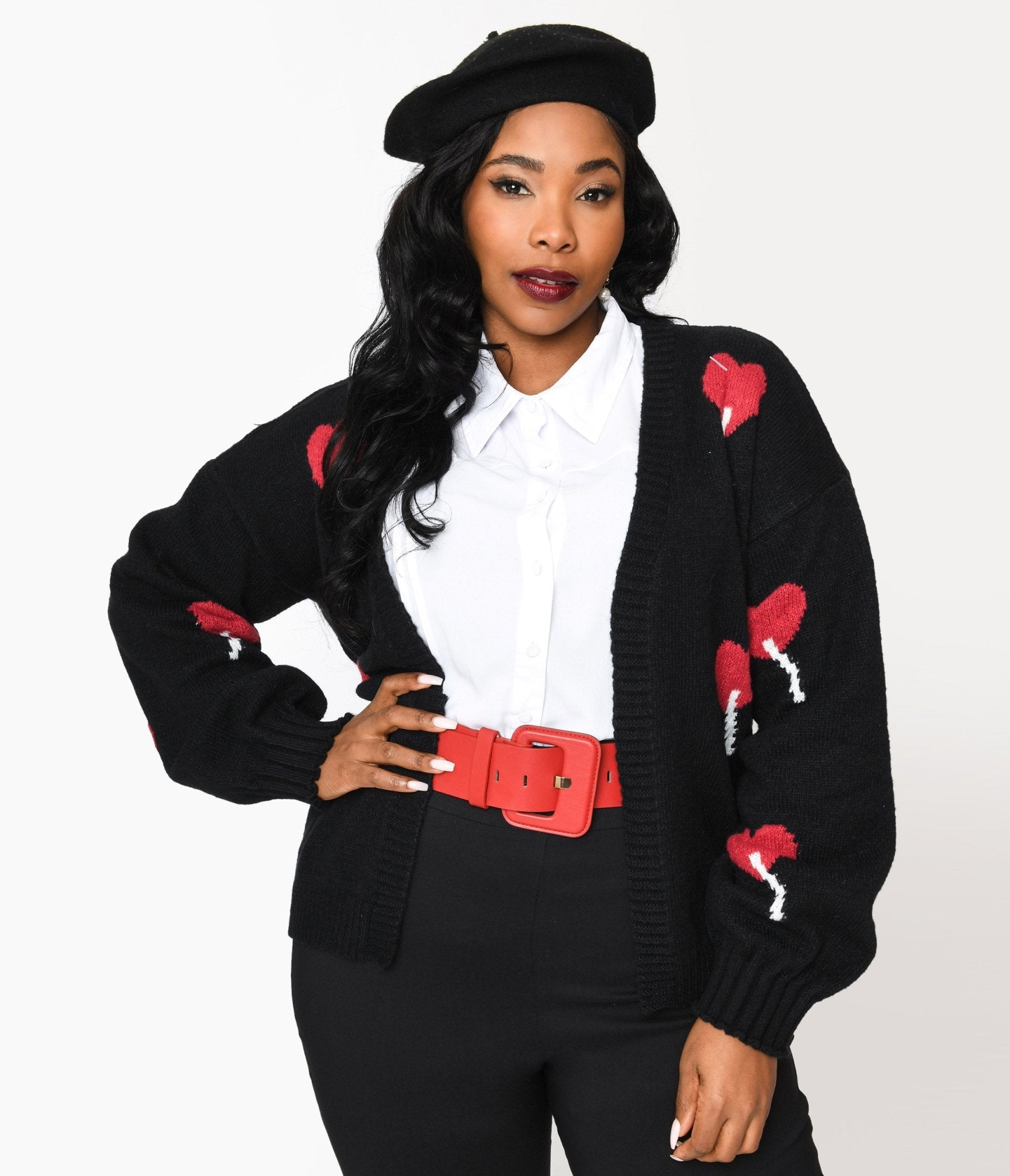 Plus Size Black Heart Lollipop Open Cardigan for Women - Cozy Oversized Knit Sweater for Casual Wear, Date Nights & Layering Outfits