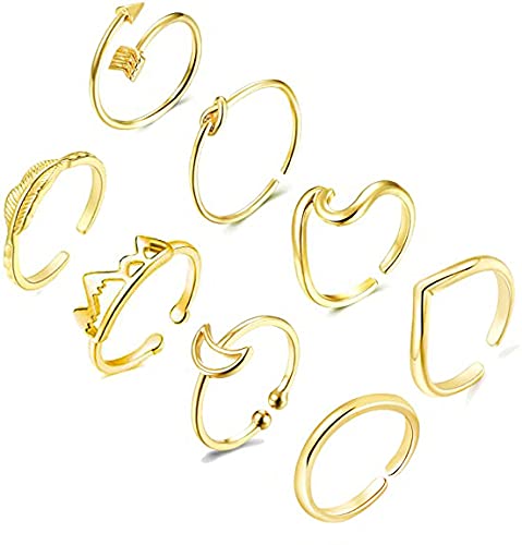 HUASAI 8PCS Stackable Rings for Women & Teen Girls - Adjustable Arrow Knot Wave Design Rings for Everyday Wear, Gift Giving & Fashion Accessories
