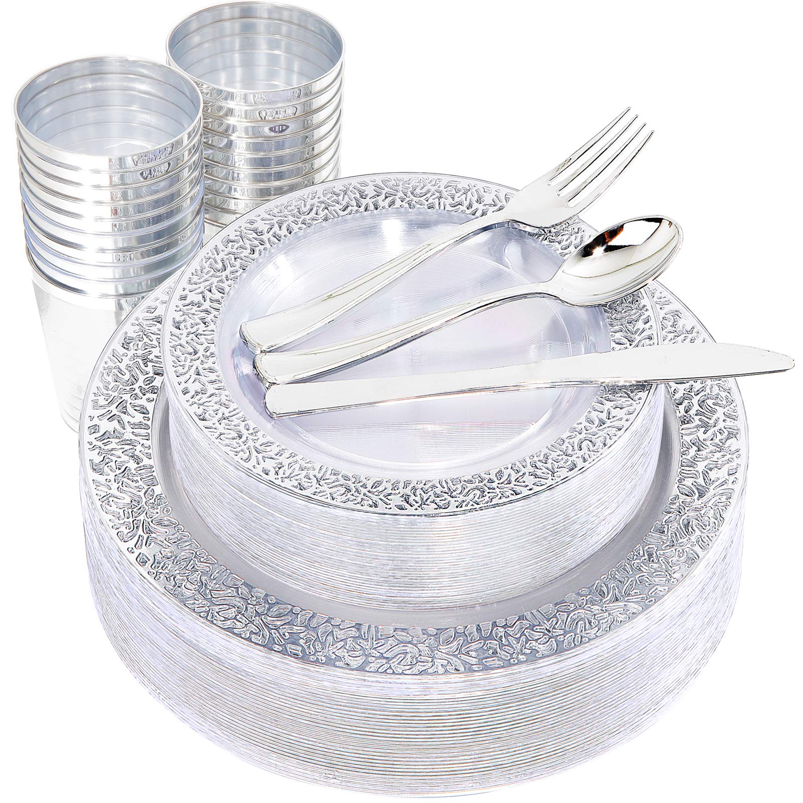 150-Piece Elegant Silver Plastic Dinnerware Set with Clear Lace Design - Includes 25 Dinner Plates, Dessert Plates, Tumblers, Forks, Knives & Spoons - Perfect for Weddings, Parties, Picnics & Outdoor Events