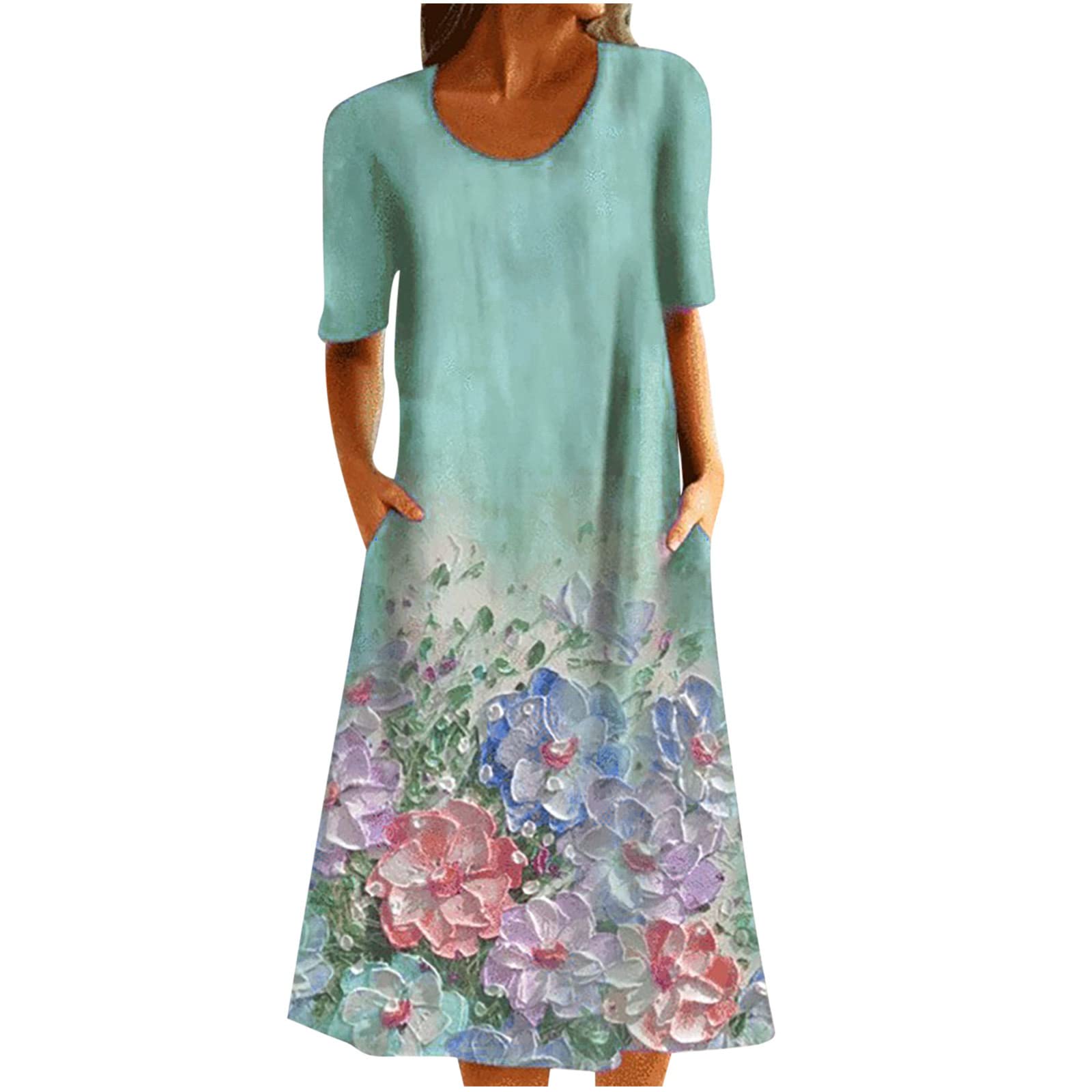 Jsarle Women's Summer Casual Floral Print Round Neck Short Sleeve Loose Knee Length Dress - Plus Size Wedding Guest Outfit for Beach, Party & Vacation