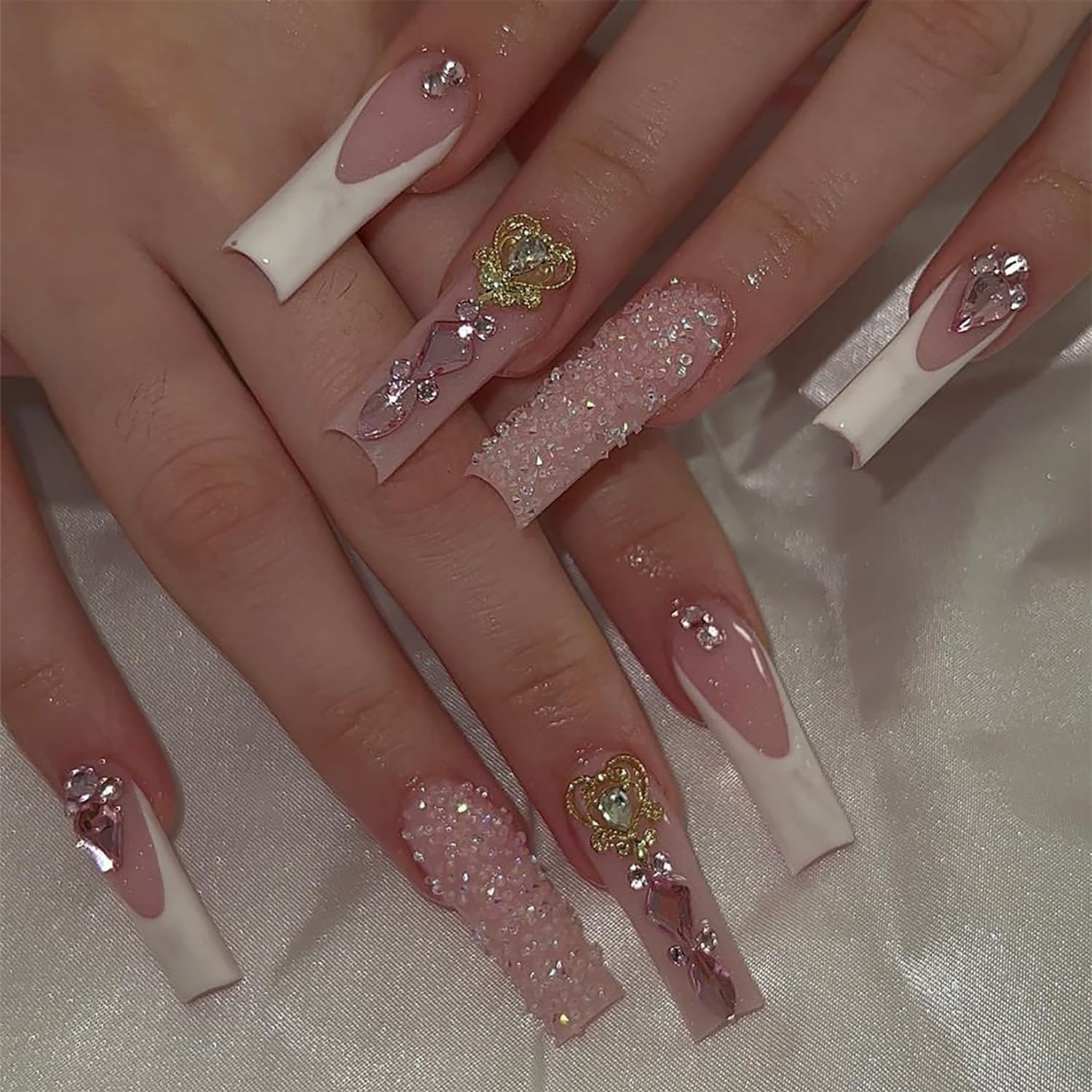 Long Coffin Press On Nails - Glossy Full Cover Acrylic French Tip False Nails with Diamond Designs & Charms - Square Fake Stick On Nails for Women & Girls - Perfect for Parties, Weddings & Special Occasions
