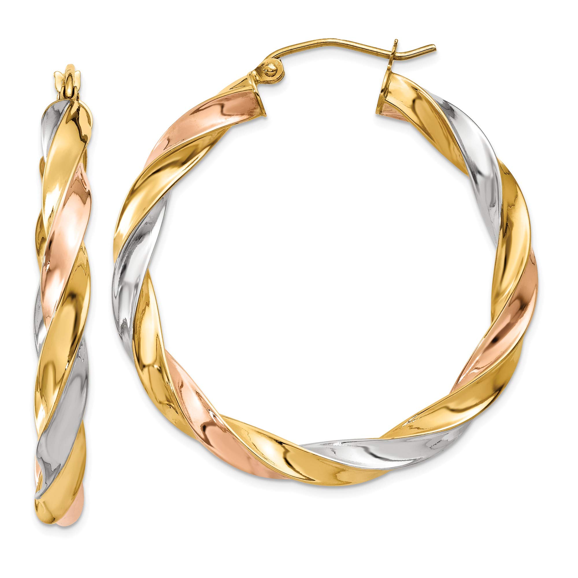 14K Tri-Color Light Twisted Hoop Earrings - Gold Rose Gold White Gold Dainty Huggie Hoops - Perfect for Everyday Wear, Date Night & Special Occasions