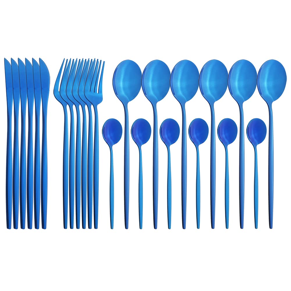 24-Piece Stainless Steel Silverware Flatware Set - Gold-Toned Dinner Knives, Forks & Coffee Spoons | Elegant Cutlery Set for Dining, Kitchen & Table Setting | Dishwasher Safe (Blue) - Perfect for Restaurants, Weddings & Dinner Parties