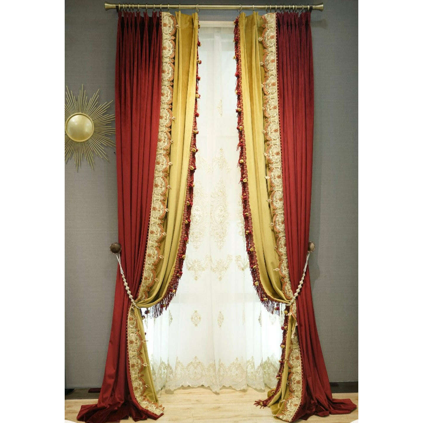 Annapolis French Designer Velvet Fringe Curtain - Red & Yellow Luxury Window Drapes for Living Room, Bedroom & Wedding Decor