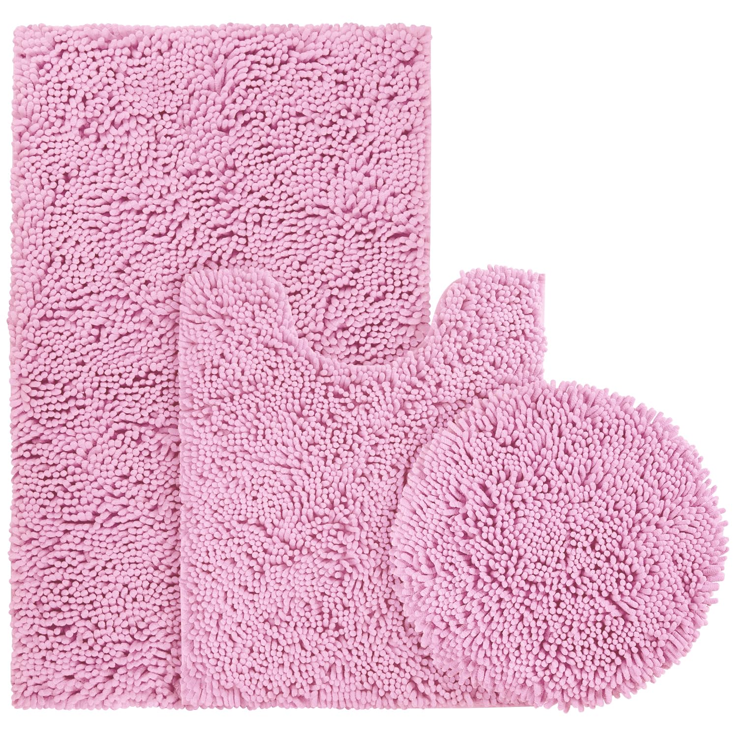 BYSURE 3-Piece Pink Bathroom Rug Set - Non-Slip, Super Absorbent Chenille Shaggy Bath Mat with Toilet Lid Cover | Soft, Quick-Dry Bathroom Carpet for Floor Protection & Comfort (Ideal for Bathroom, Vanity, Shower Area)