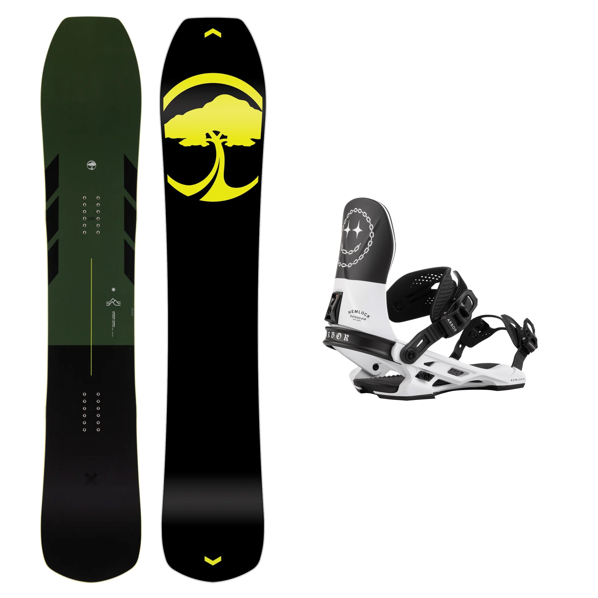 **2025 Arbor Coda Camber Snowboard with Hemlock Boss Dog Bindings – All-Mountain Freestyle Snowboard for Powder, Park & Backcountry Riding**