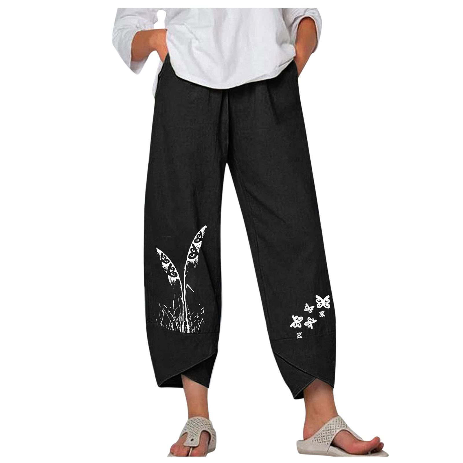 Women's Capri Pants - Casual Summer Cotton Linen Harem Pants with Pockets, Loose Fit Comfy Yoga Cropped Trousers for Travel, Beach & Lounge Wear
