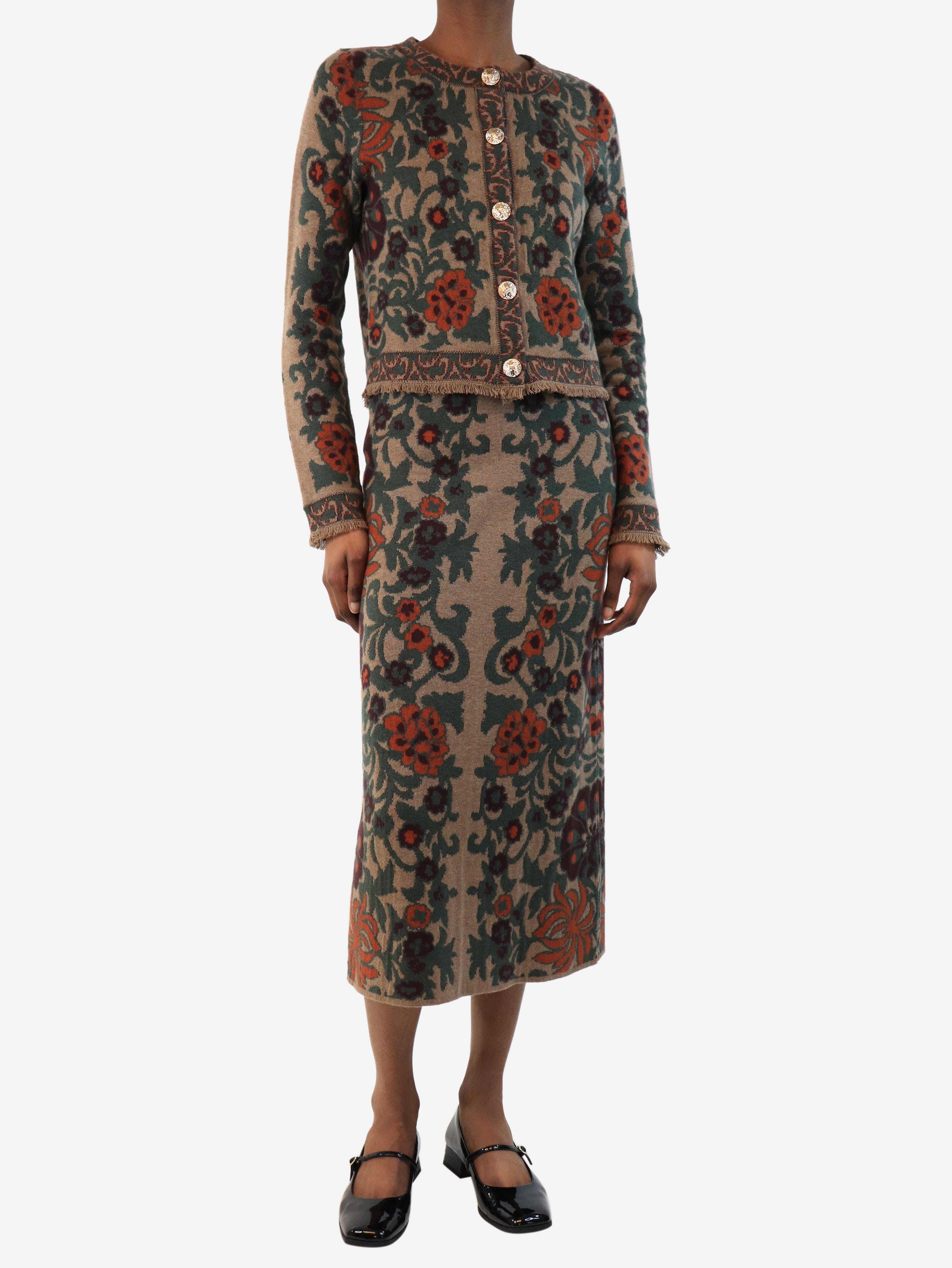 Brown and Green Floral Cardigan and Skirt Set for Women - Size XS | Boho Chic Outfit for Spring & Summer | Perfect for Casual Wear, Dates, and Office Outfits