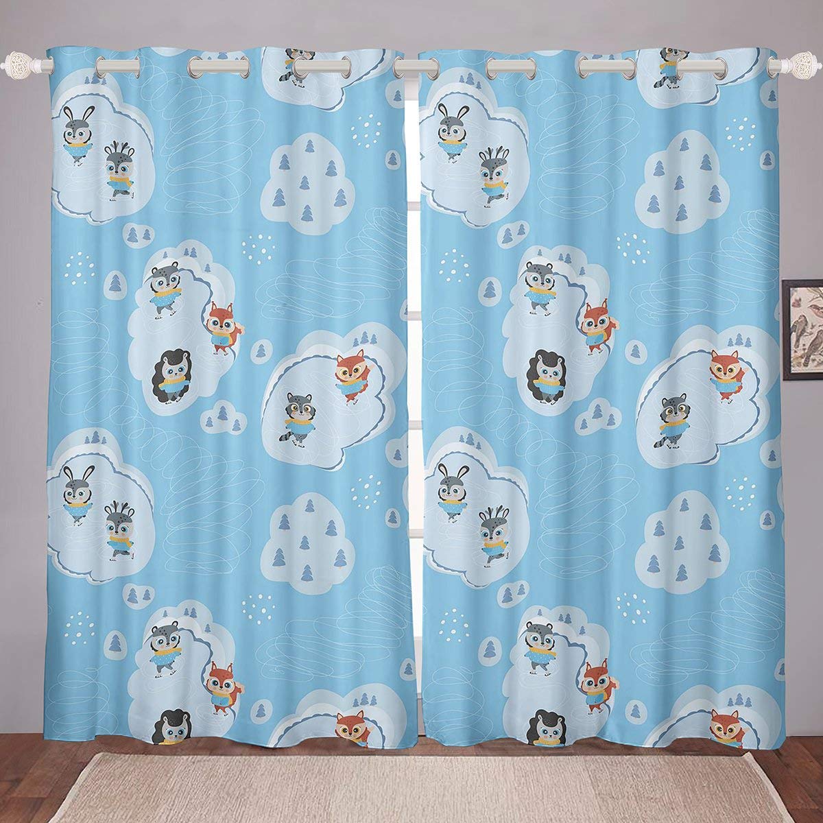 Kids Cartoon Blackout Curtains for Bedroom - Cute Fox, Wolf & Rabbit Pattern Window Drapes, Animal Themed Nursery Decor, Blue Blackout Curtains (2 Panels, 52x63 Inches) - Perfect for Kids' Rooms, Daycare & Playrooms