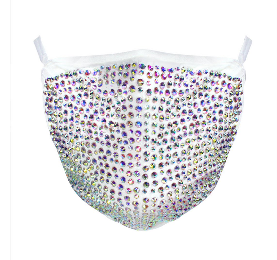 Sparkling Rhinestone Face Mask with Rainbow Crystals - Elegant White Glitter Mask for Parties, Weddings & Special Events | Fashionable & Comfortable Protective Accessory