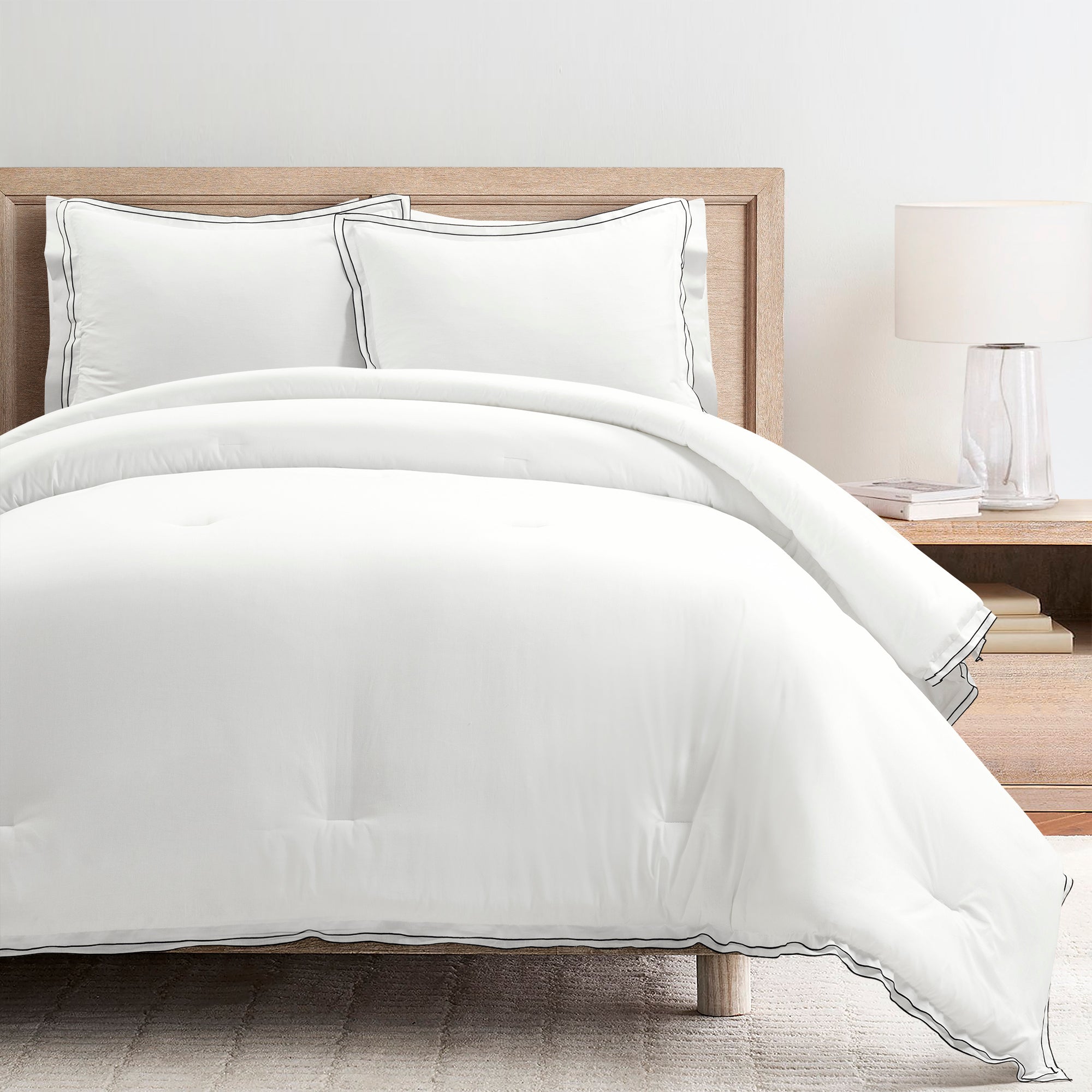 Hampton Double Flange Embroidered Contrast Edge Comforter Set - Queen Size Luxury Bedding for Master Bedroom & Guest Room - Soft & Elegant Home Decor for All Seasons