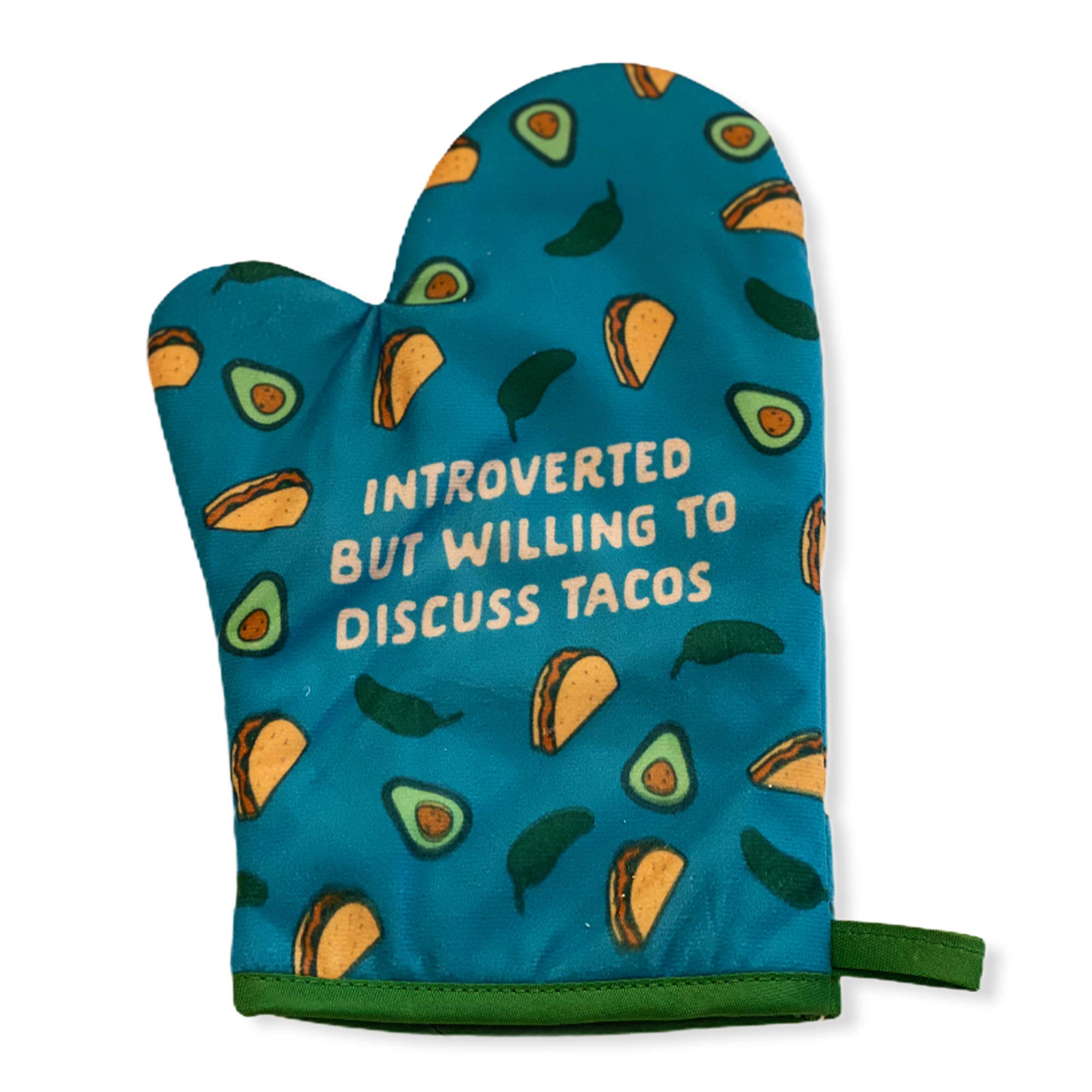 Funny Cinco De Mayo Graphic Oven Mitt - Introverted But Willing To Discuss Tacos Novelty Kitchen Accessories for Mexican Food Lovers | Perfect for Cooking, Baking & Taco Tuesday Parties