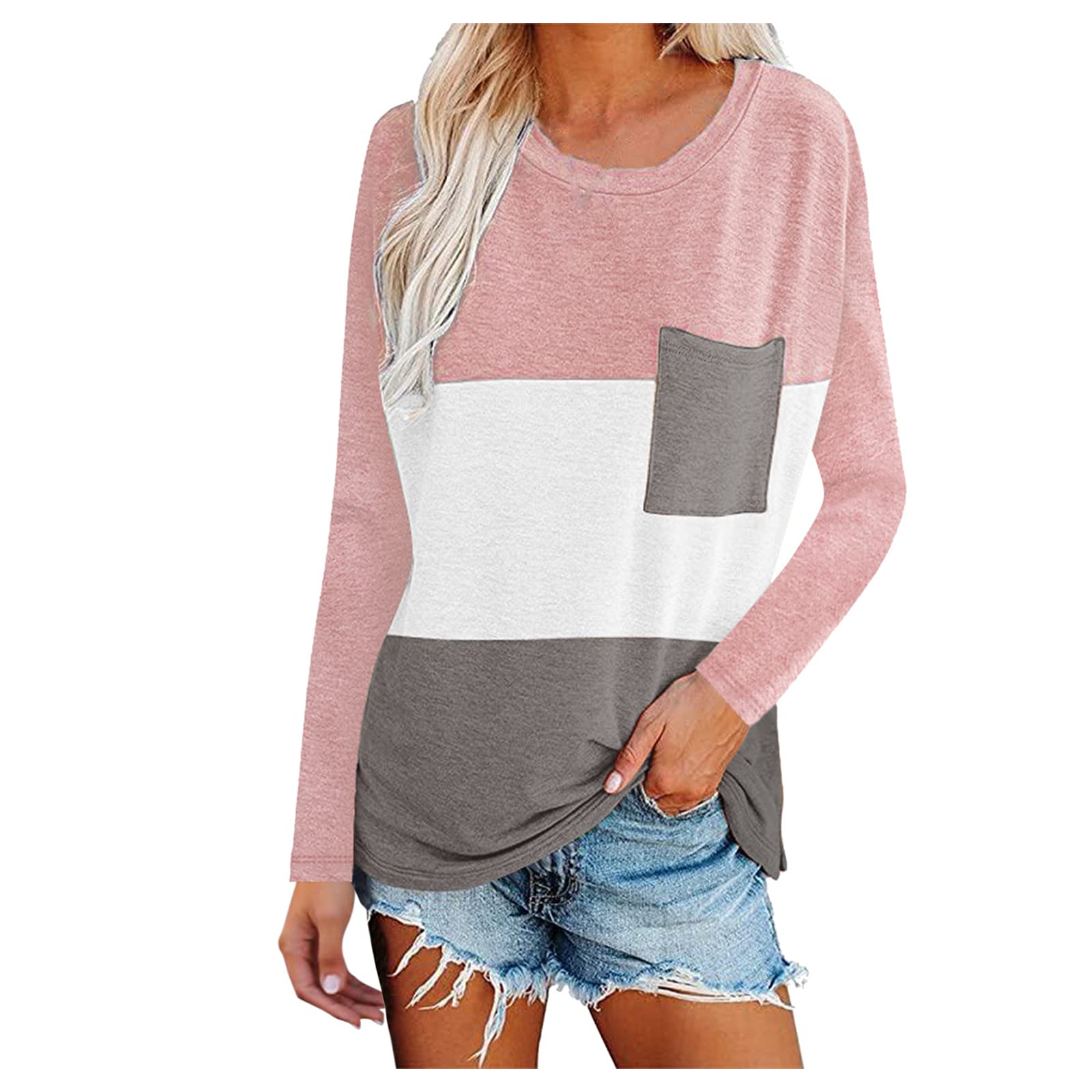 Women's Color Block Leopard Print T-Shirt | Casual Striped Long Sleeve Tunic Top | White Graphic Tee & Tank Top for Women | Perfect for Layering, Streetwear & Everyday Outfits
