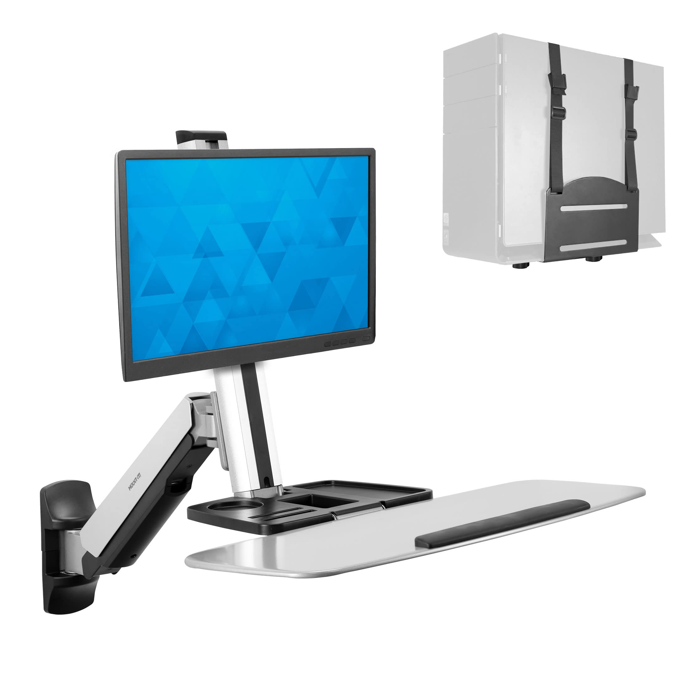Mount-It! Adjustable Height Sit Stand Wall Mount Workstation - Ergonomic Computer Desk with Articulating Monitor Arm, Keyboard Tray & CPU Holder - VESA 75x75/100x100 (MI-7905) - Perfect for Home Office, Gaming Setup & Workspace Organization