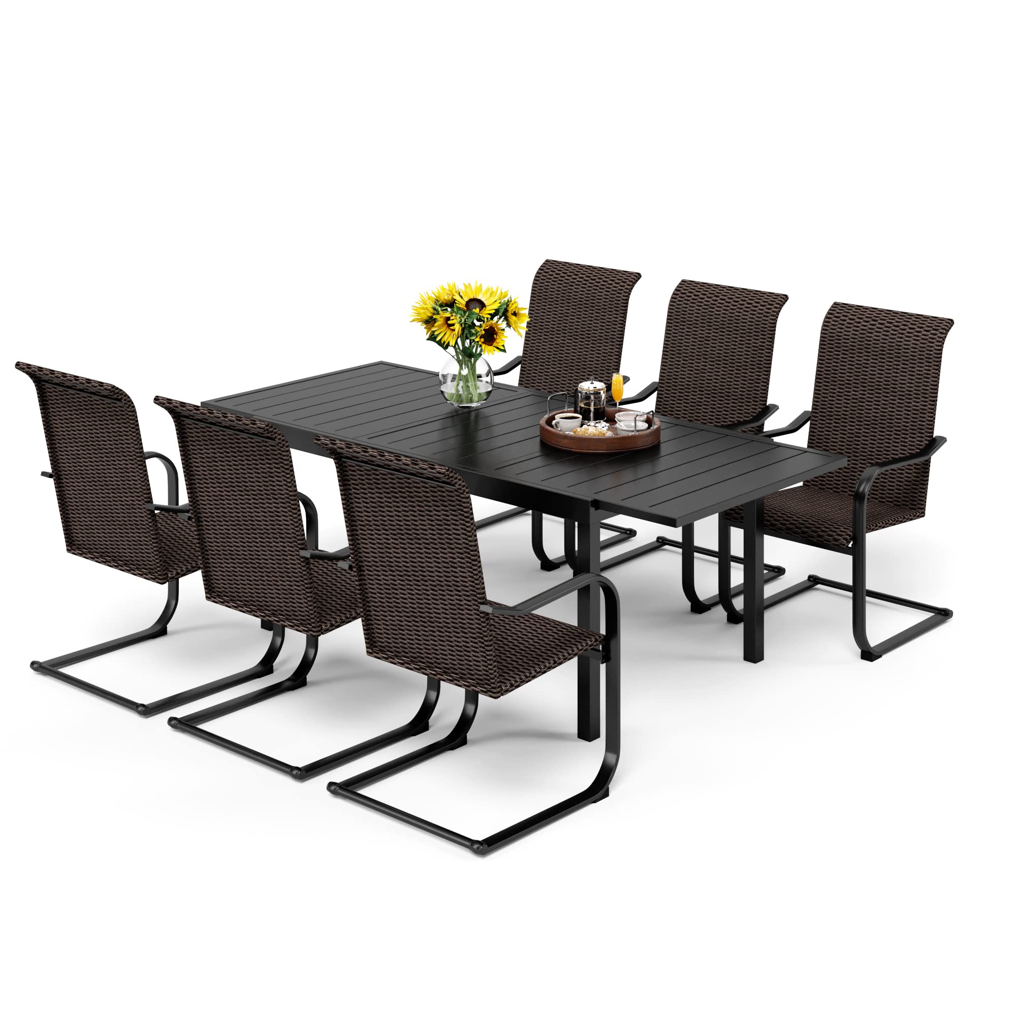 PHI VILLA 7-Piece Outdoor Wicker Dining Set - Expandable Rattan Patio Table with 6 Chairs - All-Weather Bistro Furniture for Garden, Poolside & Backyard Entertaining