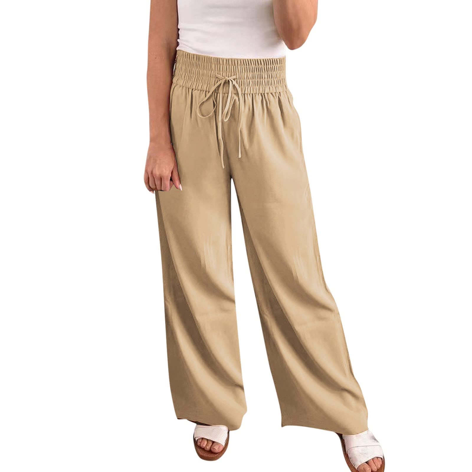 Women's Straight Loose Casual Pants - Mid Waist Solid Color Wide Leg Trousers with Lace Up | Comfortable Home Wear & Beach Cover Up Pants for Women | Perfect for Lounging, Yoga, Travel & Summer Outfits