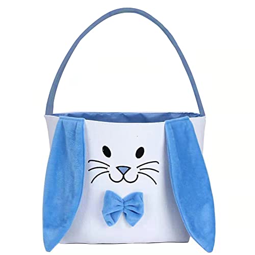 Easter Bunny Basket Bag for Kids - Cute Cotton Canvas Candy Egg Tote with Plush Ears - Easter Gift Basket for Candy, Eggs & Treats - Perfect for Easter Egg Hunts, Party Favors & Spring Celebrations (Blue)