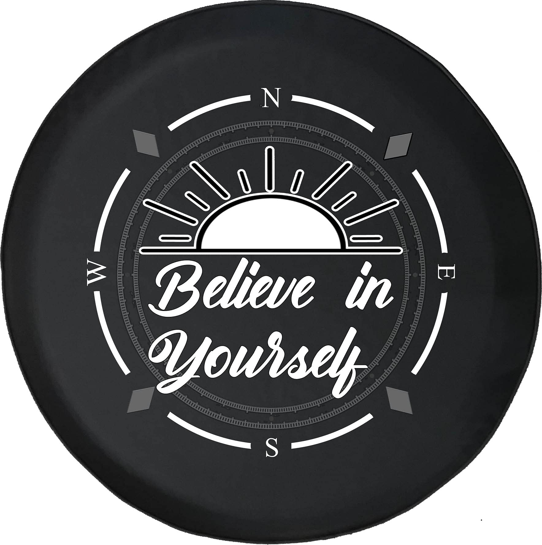 American Unlimited Spare Tire Cover with Compass Design - 'Believe in Yourself' Sunshine Wheel Cover for SUV, Trailer, RV & Various Vehicles - Durable Outdoor Accessory for Road Trips & Camping Adventures