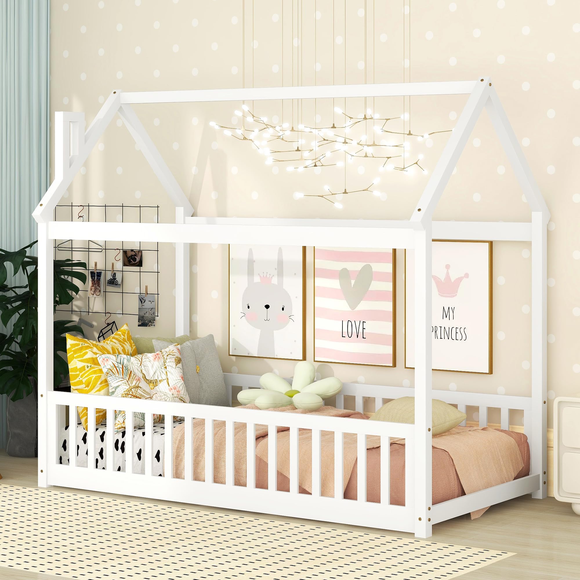 Bellemave Twin Size Kids House Bed with Fence, Slats & Roof - Montessori Floor Bed for Toddlers & Children - No Box Spring Needed - Perfect for Nursery, Bedroom & Playroom (White)