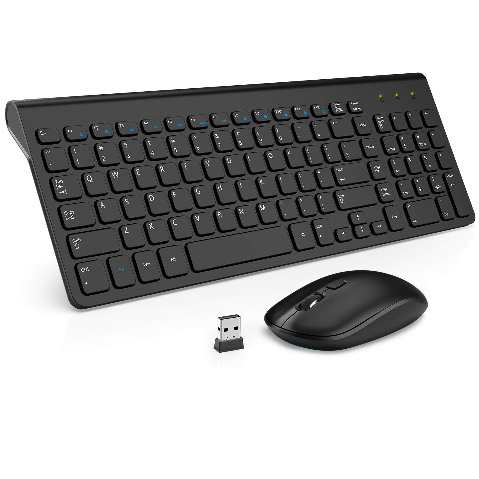 WisFox 2.4GHz Wireless Keyboard and Mouse Combo - Slim Full-Size Ergonomic Set with Number Pad, Quiet Keys, Nano USB Receiver for Windows PC/Laptop - Perfect for Office, Home & Gaming (Black)