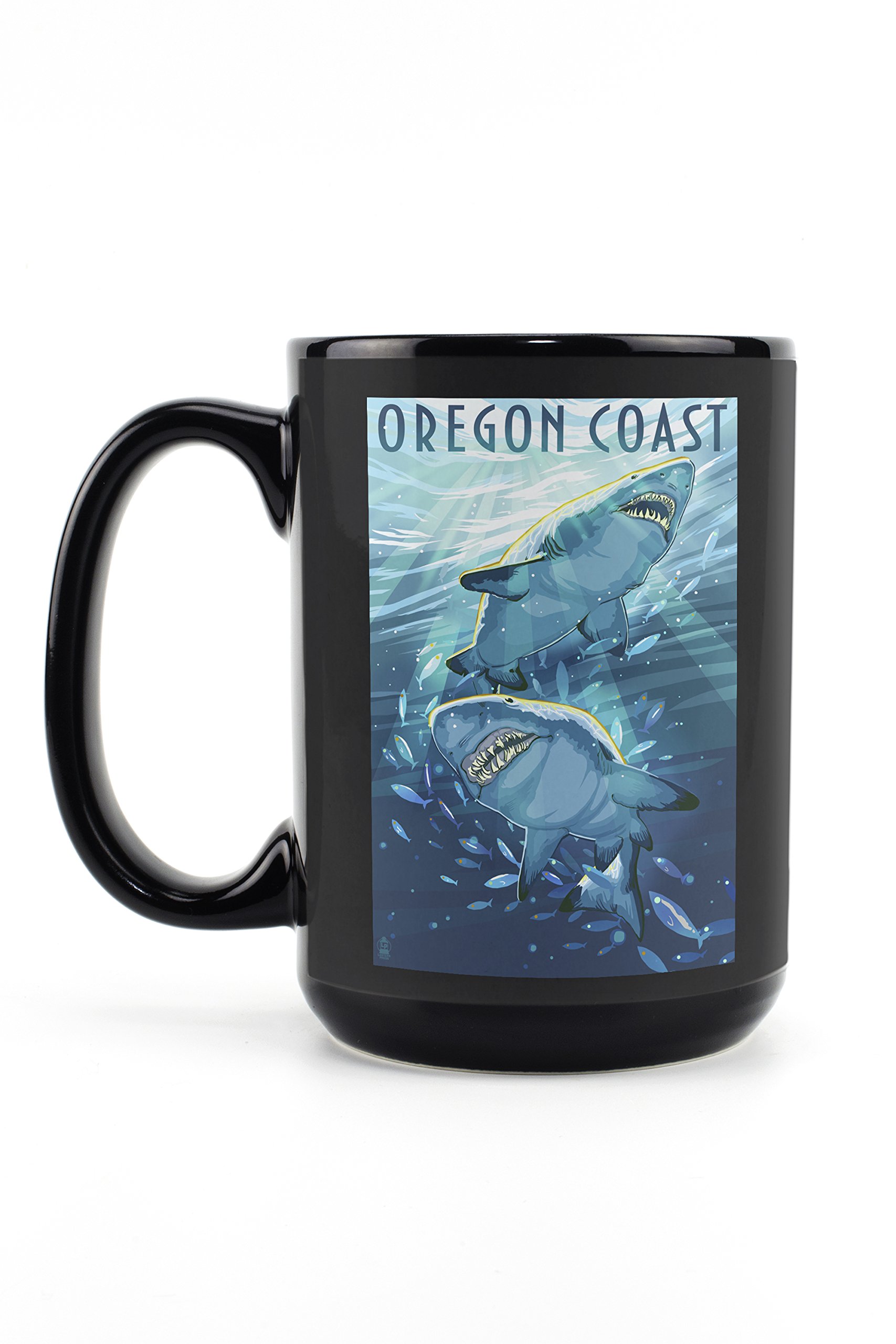 Lantern Press Oregon Coast Great White Sharks 15oz Black Ceramic Coffee Mug - Microwave & Dishwasher Safe - Perfect for Home, Office & Gifts
