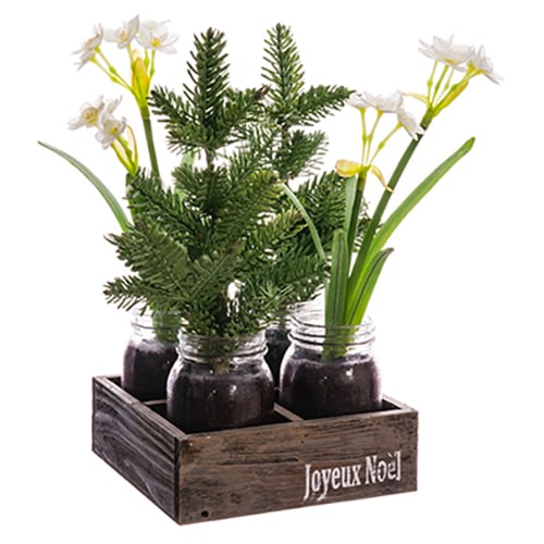 15-Piece Daffodil & Pine Tree Silk Flower Arrangement in Wooden Box - White & Green (Pack of 2) | Home Decor, Wedding Centerpiece, Tabletop Display, Office Decoration, Gift Idea