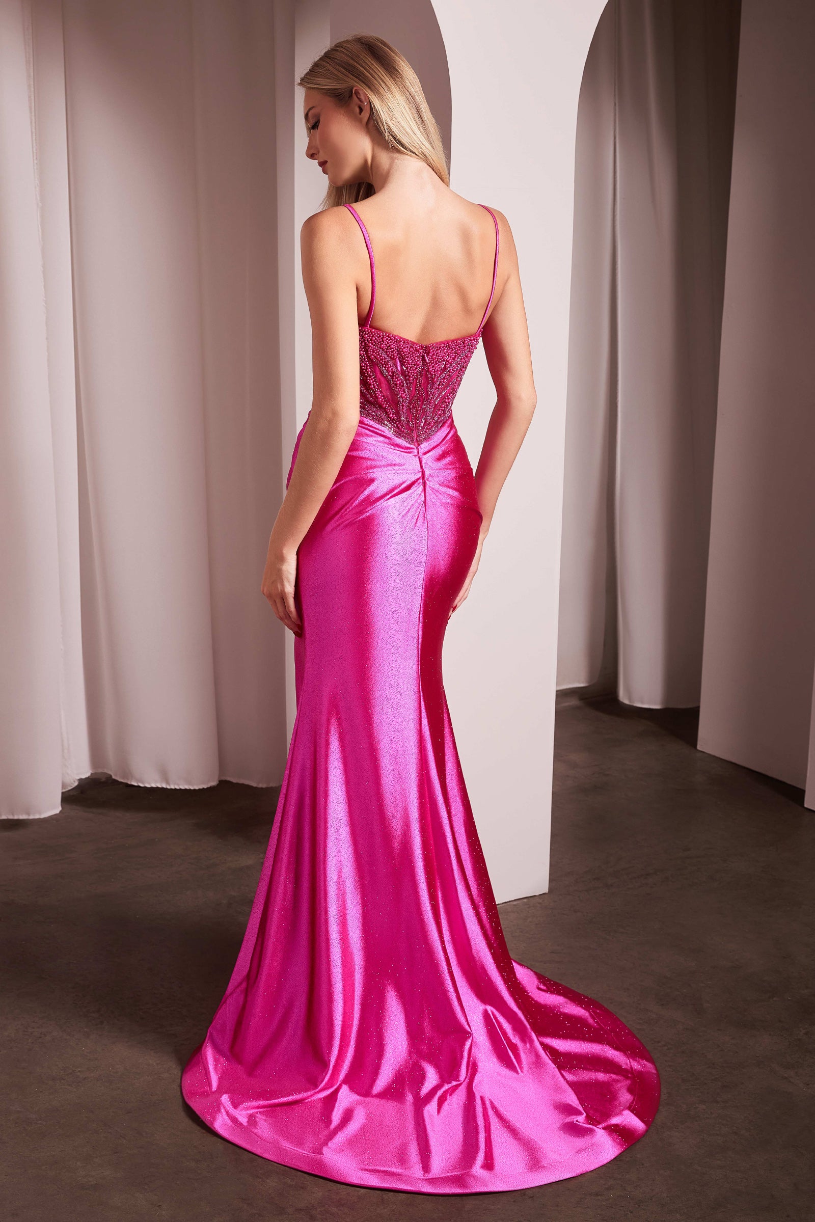 Nevada Gown - Pearl Embellished Stretch Satin Glimmering Evening Dress for Prom, Wedding & Special Occasions
