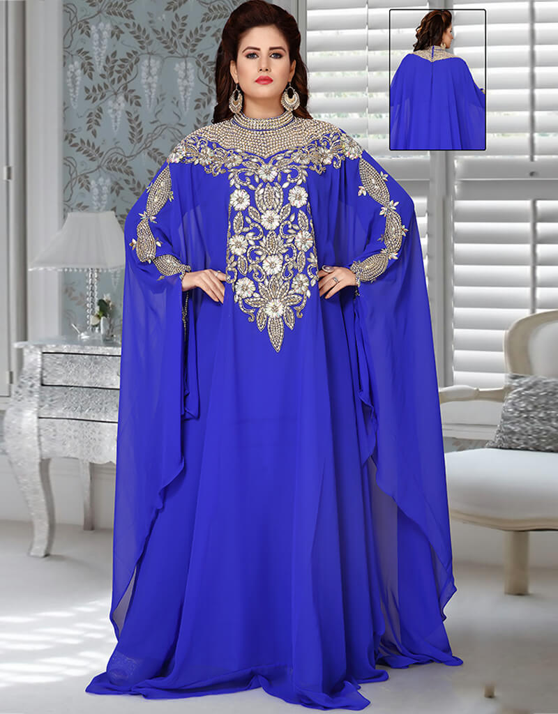 Royal Blue Arabic Georgette Farasha Dress with Handmade Pearl Embroidery - Elegant Evening Wear for Special Occasions & Weddings