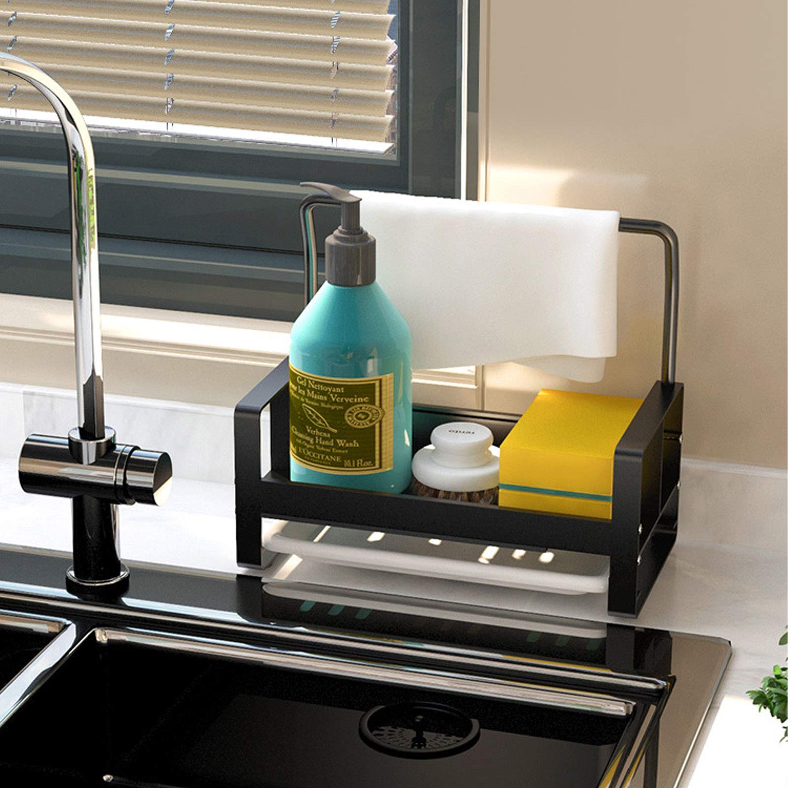 BARMI Sponge Holder for Kitchen Sink - Behind Sink Organizer with Towel Rack & Removable Tray - Sink Caddy, Drainer Rack & Sponge Dispenser - Perfect for Small Kitchen Organization & Dishwashing Station