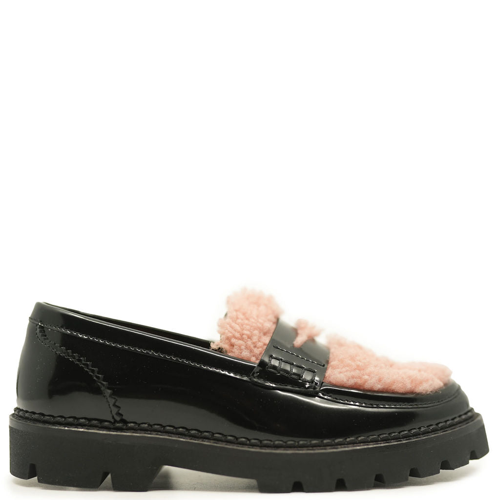 Rondinella Black & Pink Shearling Chunky Loafers - Women's Comfortable Winter Slip-On Shoes for Casual Outfits & Office Wear