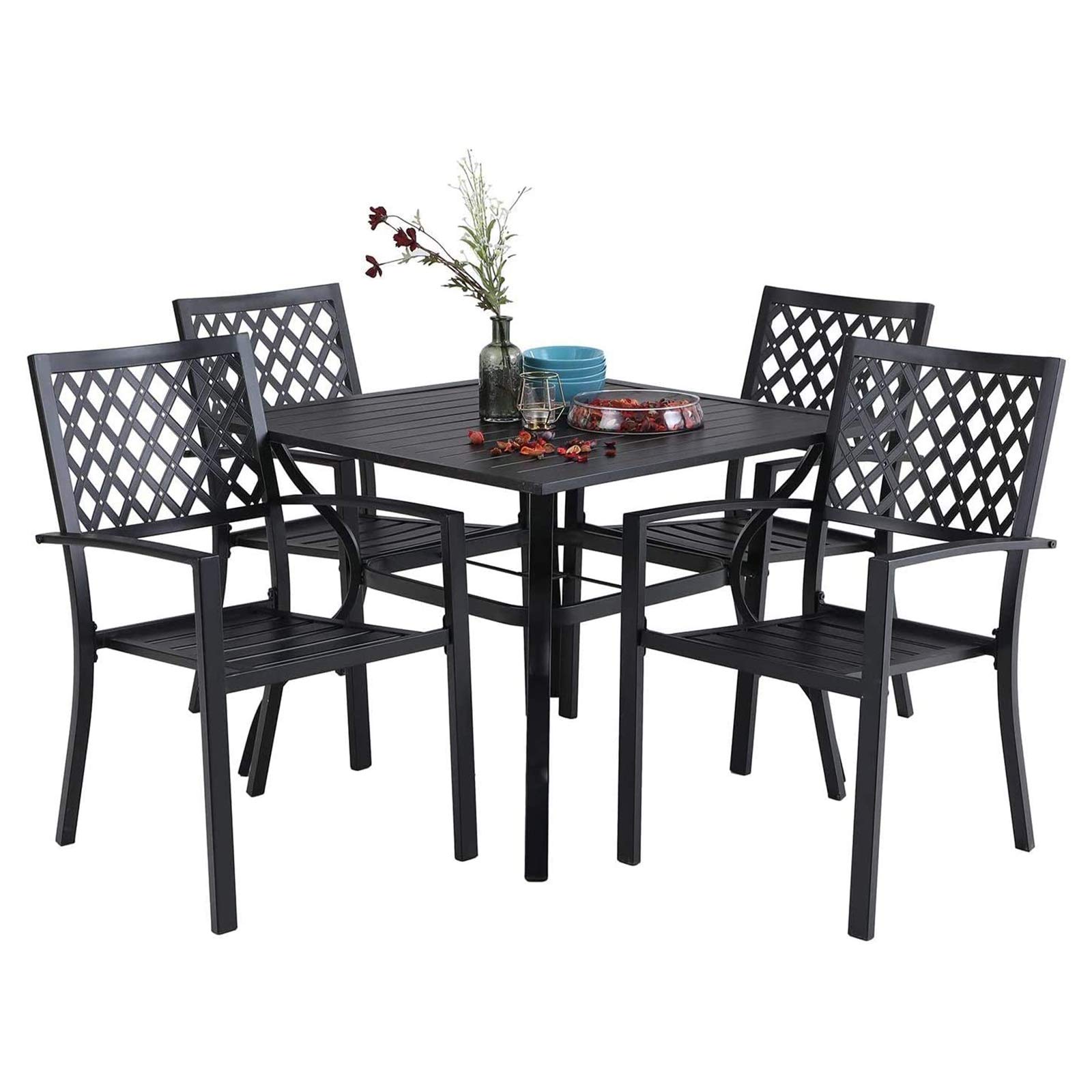 PHI VILLA 5-Piece Outdoor Dining Set - Metal Patio Furniture with 4 Stackable Chairs & 37