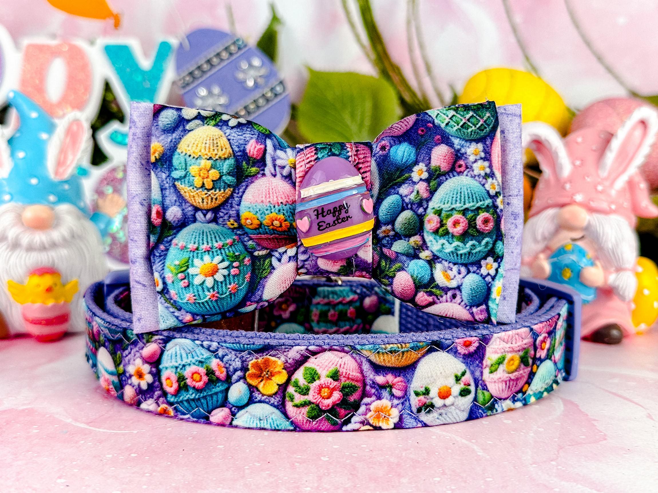 Easter Dog Collar with Bow Tie - Floral Egg Pattern Pet Collar for Small Medium Large Dogs - Perfect for Easter Photos, Parties & Spring Outings