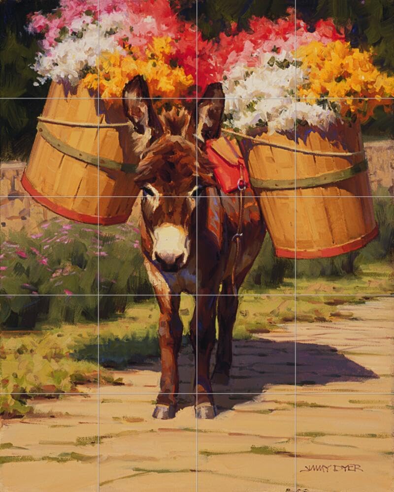 Hand-Painted Ceramic Backsplash Tile Mural - Elegant Horse & Donkey with Floral Design for Kitchen & Bathroom Decor | Farmhouse & Rustic Home Renovation