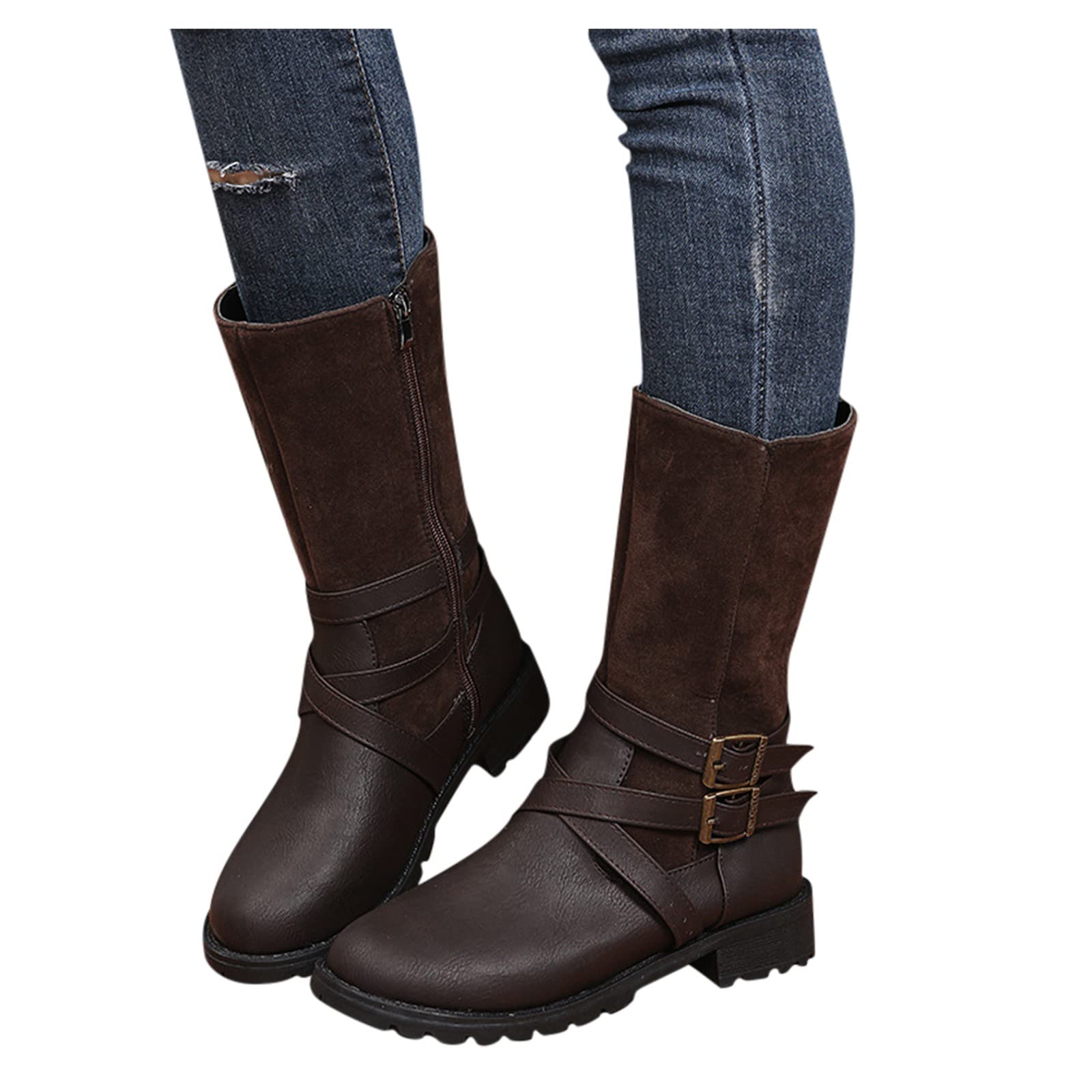 Viyabling Women's Cowboy Boots - Knee High Western Cowgirl Boots with Chunky Stacked Heel, Pull-On Mid Calf Boots for Country Dancing, Rodeo & Western Fashion