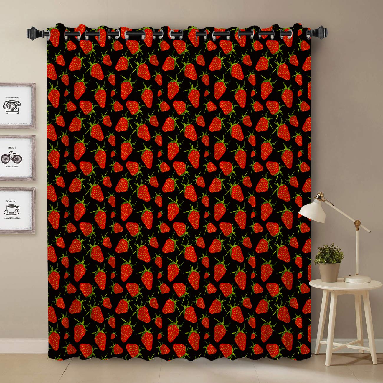 Blackout Curtains for Bedroom & Living Room - 45 Inch Long Darkening Window Drapes with Modern Strawberry Art Design (Black & Red) - Perfect for Light Blocking, Privacy & Home Decor